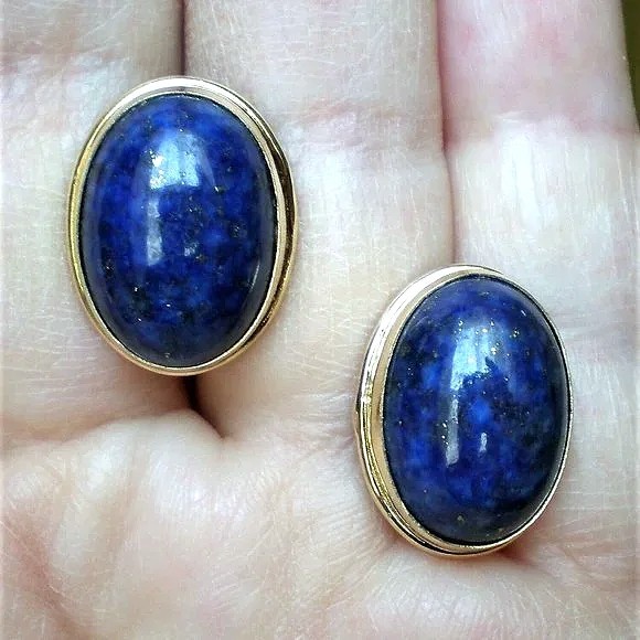 14K Yellow Gold 17.5MM x 14.75MM Lapis Lazuli Omega Back Pierced Earrings 9.3 g