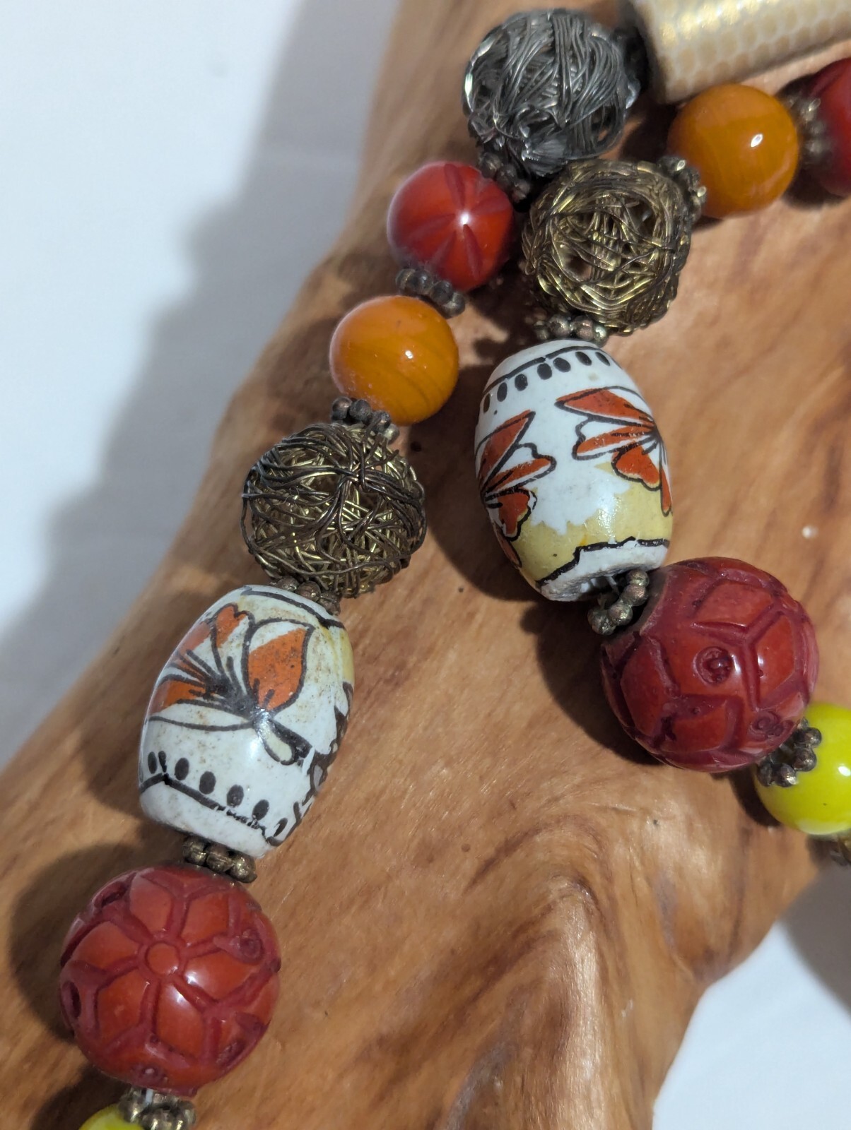 Asian Inspired 34” Long Beaded Necklace Ceramic Beads Rhinestones Wood and Glass