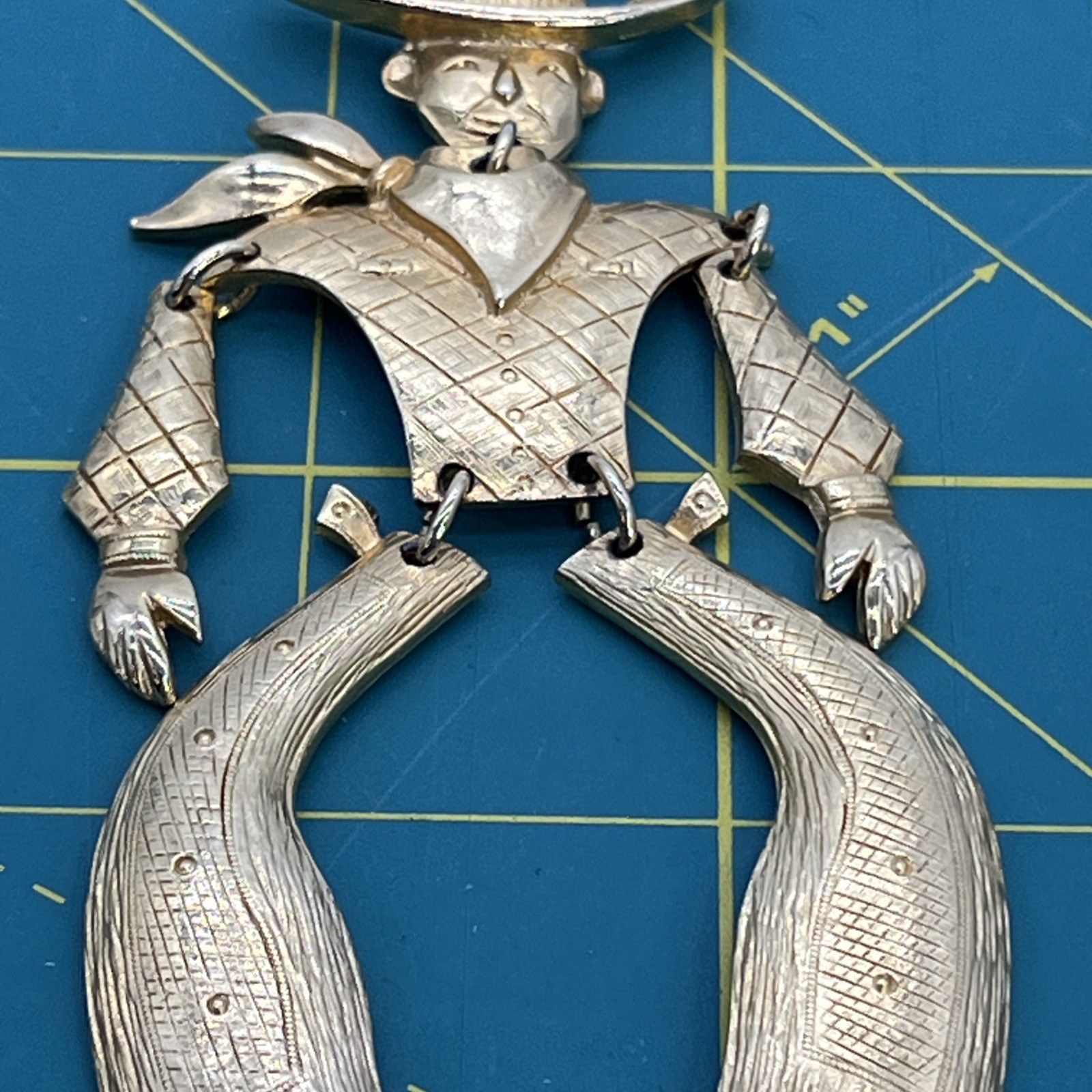 Vintage Gold Tone 4.25” Articulated Bow Legged Cowboy Pendant 24” Chain
