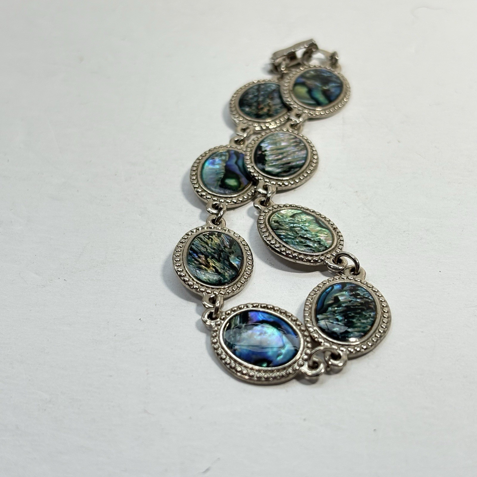 Vintage Silver Tone Abalone Link Bracelet Paua Shell Oval 8″
