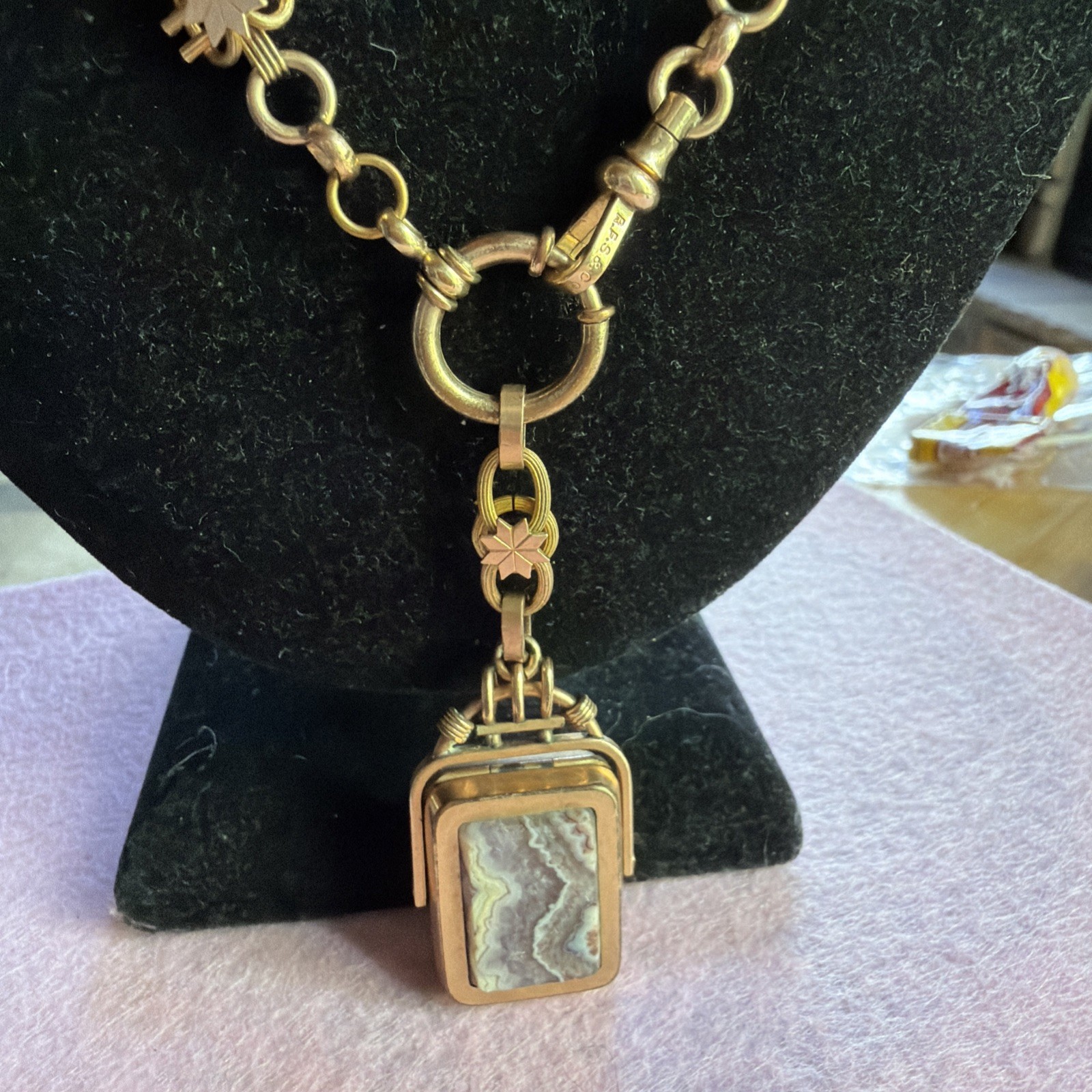 Victorian Lovely 59g Gold Fill Book Link Necklace GF Agate Bloodstone Locket Fob