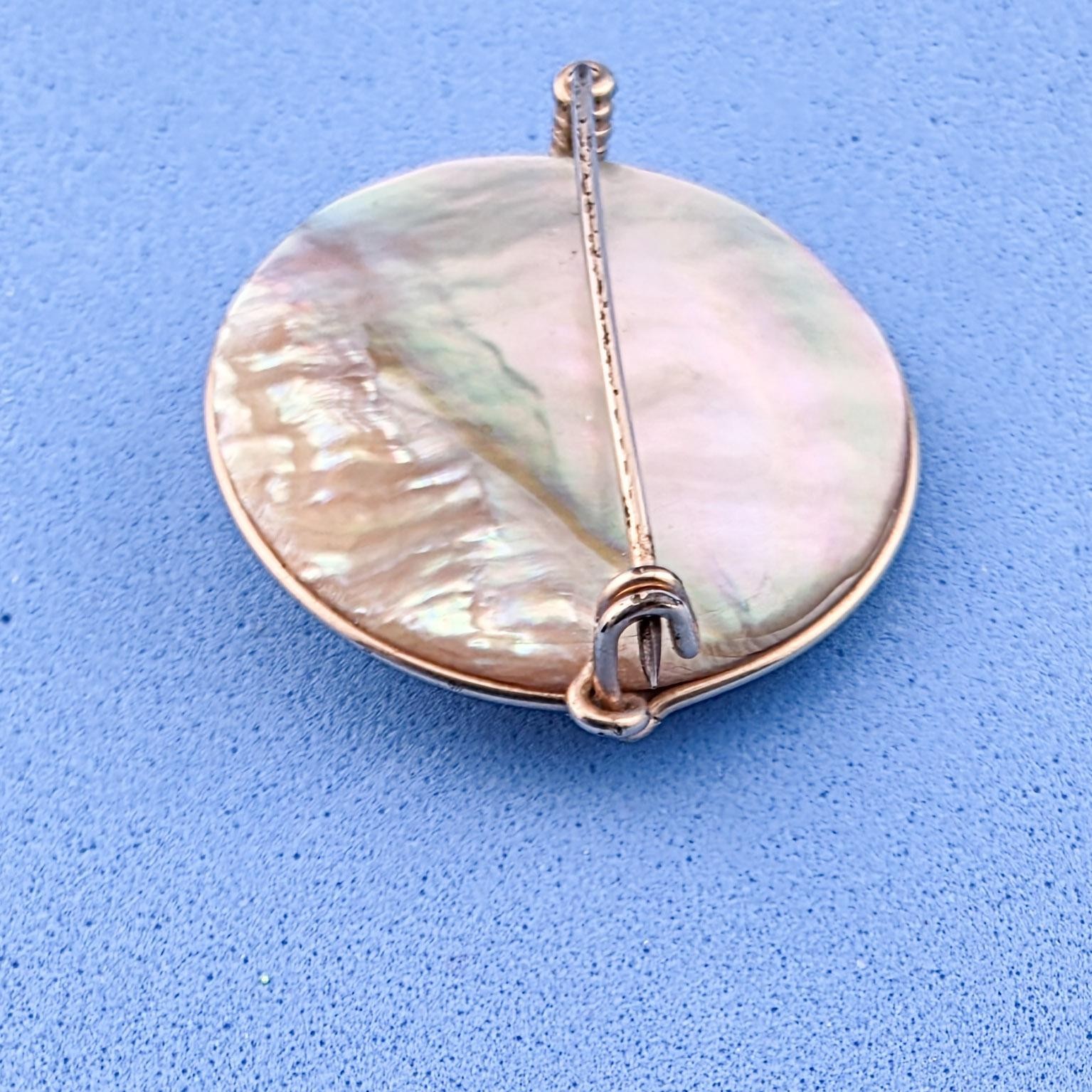 Vintage Abalone and Applied Mother Of Pearl Cameo Goldtone Setting 1″