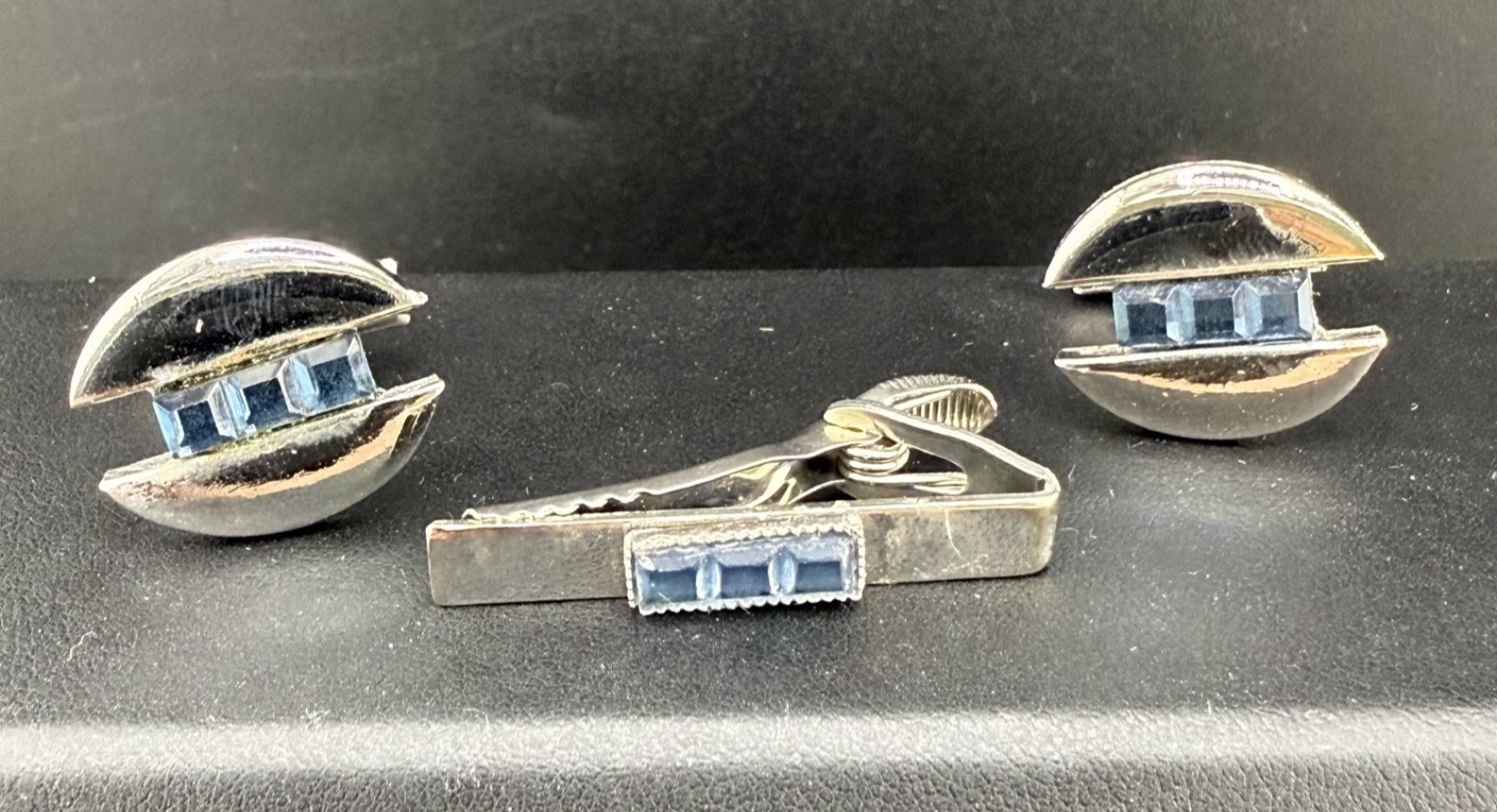 Vintage Cufflink Tiebar Clip Set Silver Tone Blue Rhinestone
