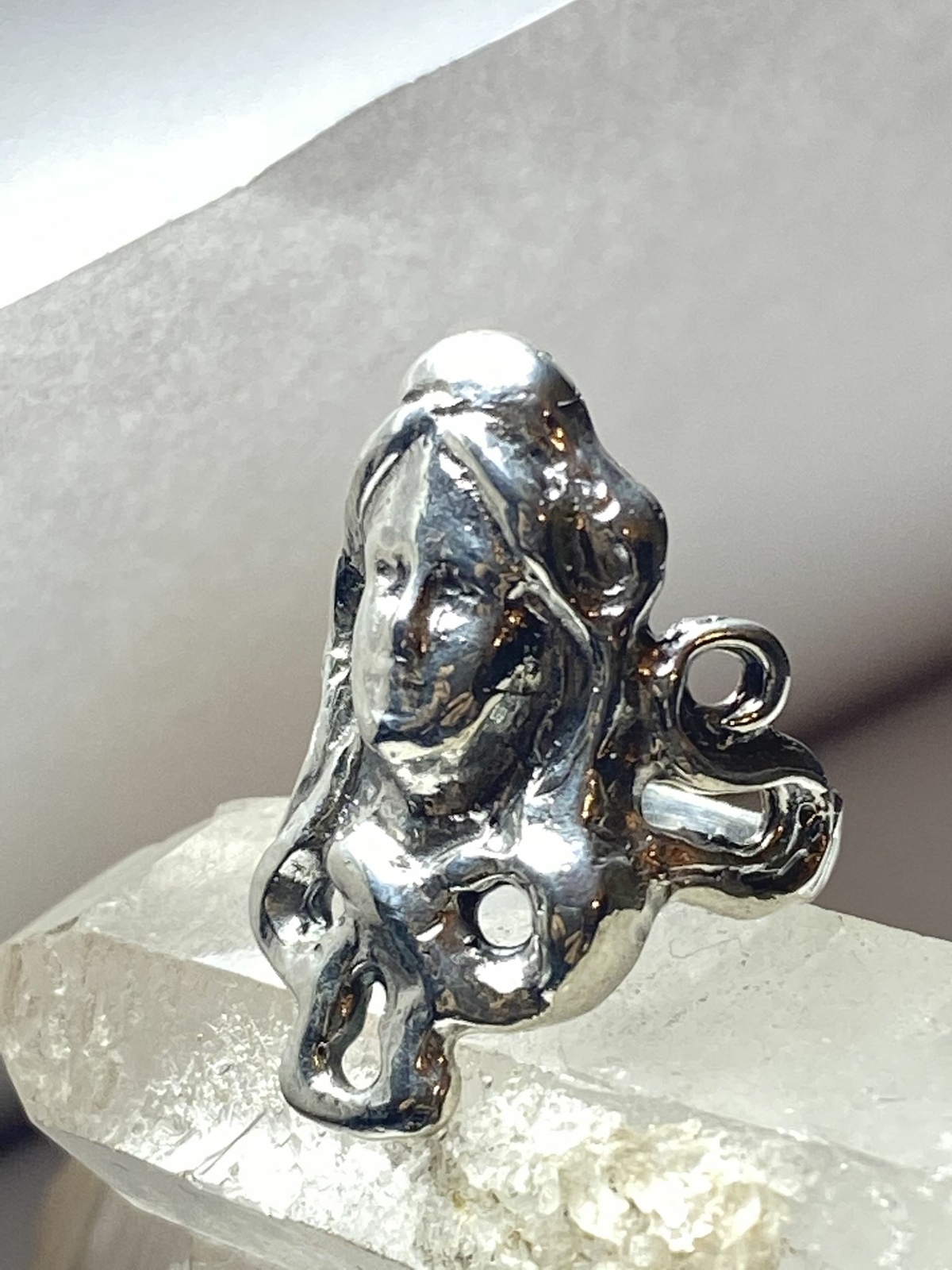 Face ring with long hair art deco influences sterling silver