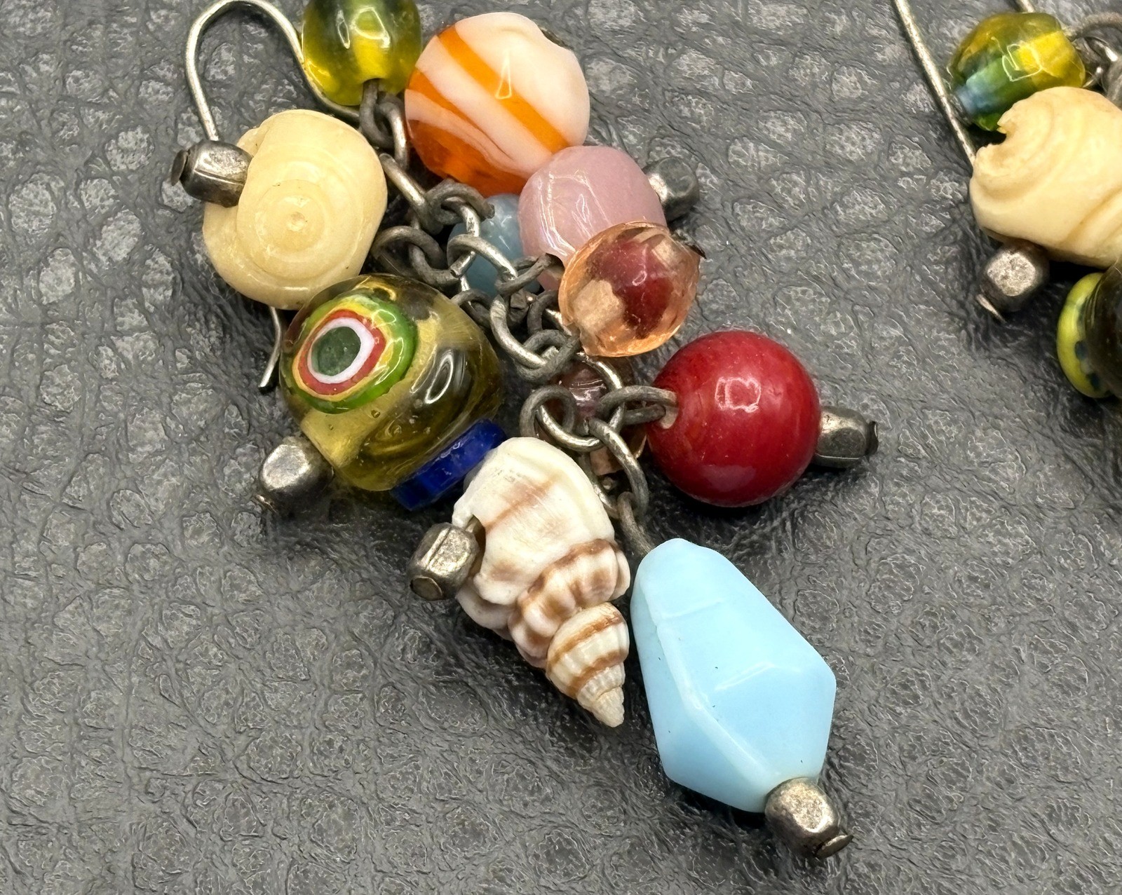 Vintage Multicolor Italian Art Glass Bead Charm Dangle Drop Earrings Shell