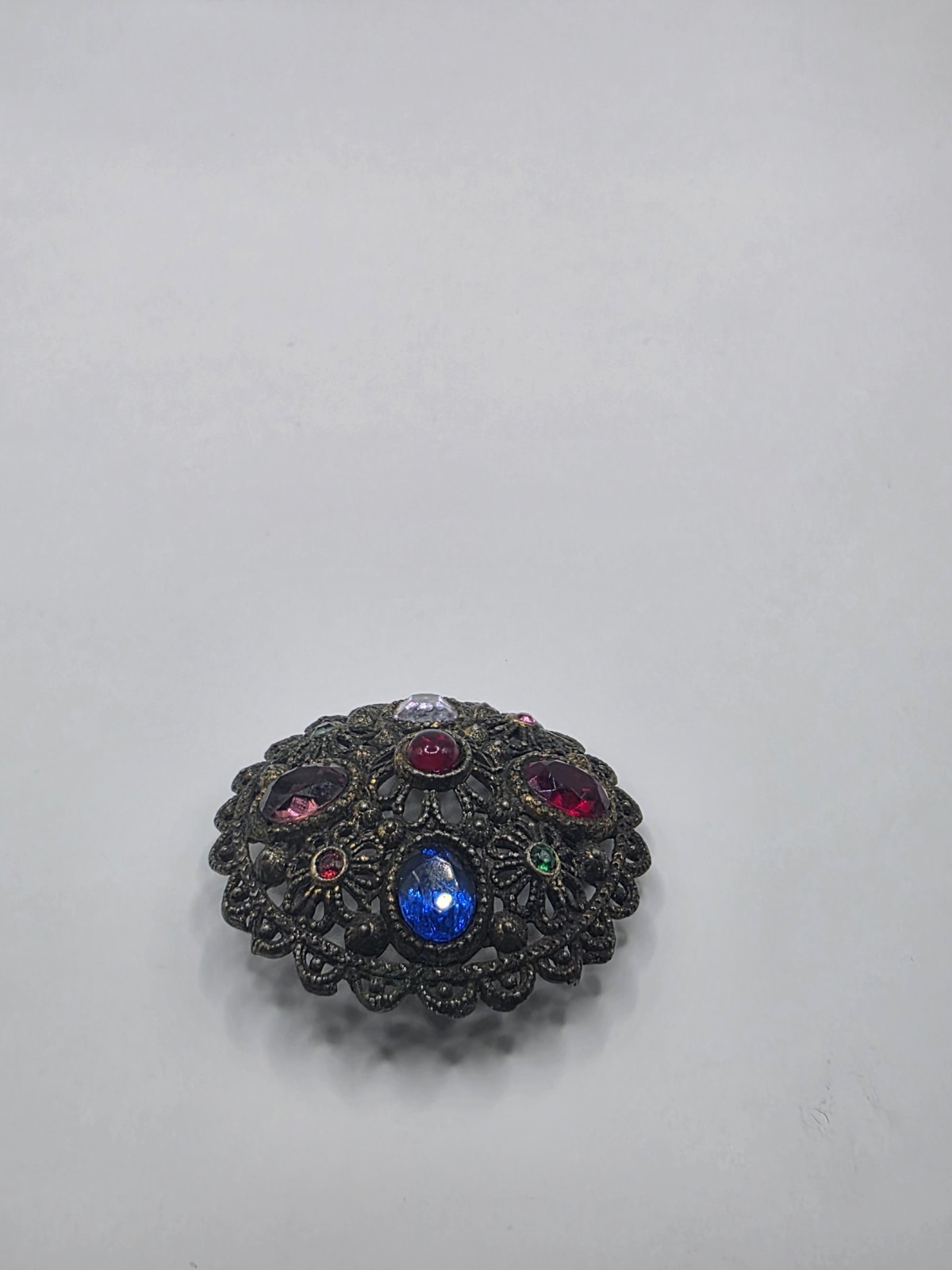 Vintage New England Glass Works Czech Filigree MultiColored Gemstones Pin Brooch