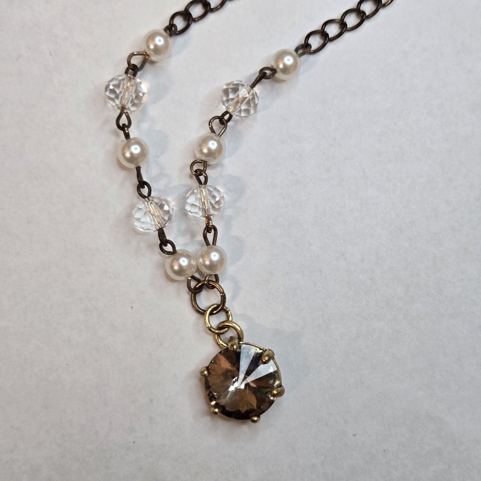 Crystal Rosary Chain Necklace Brass Tone Victorian Rhinestone McBling Y2k 8