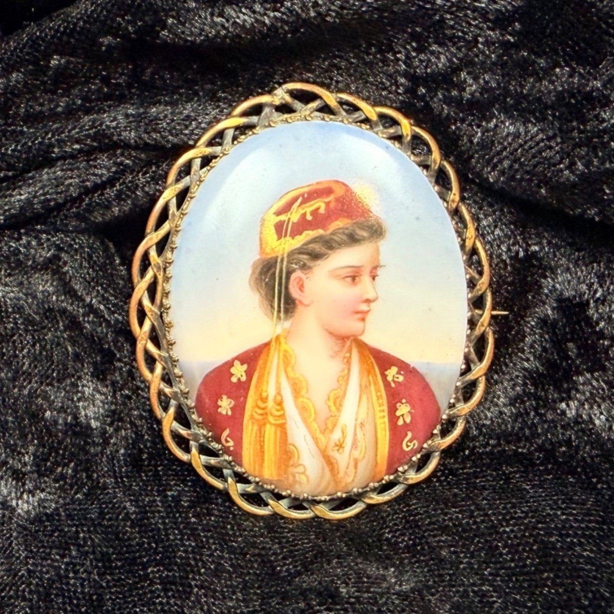 Antique Hand Painted Porcelain Portrait Brooch Woman Greek Ottoman Costume