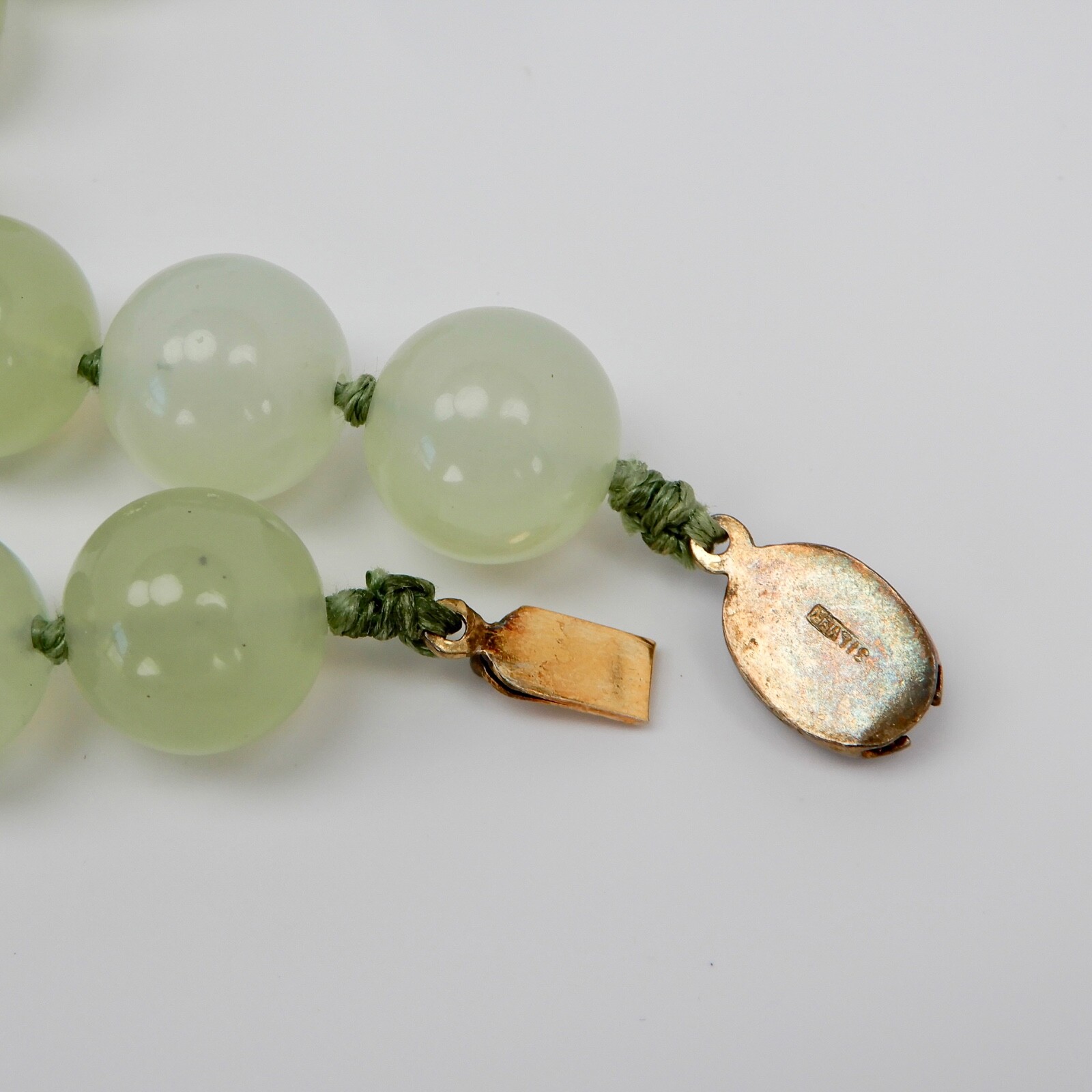 Vtg Green Jade Knotted 14mm Bead Necklace 31” .925 Silver Filigree Clasp 187 gr
