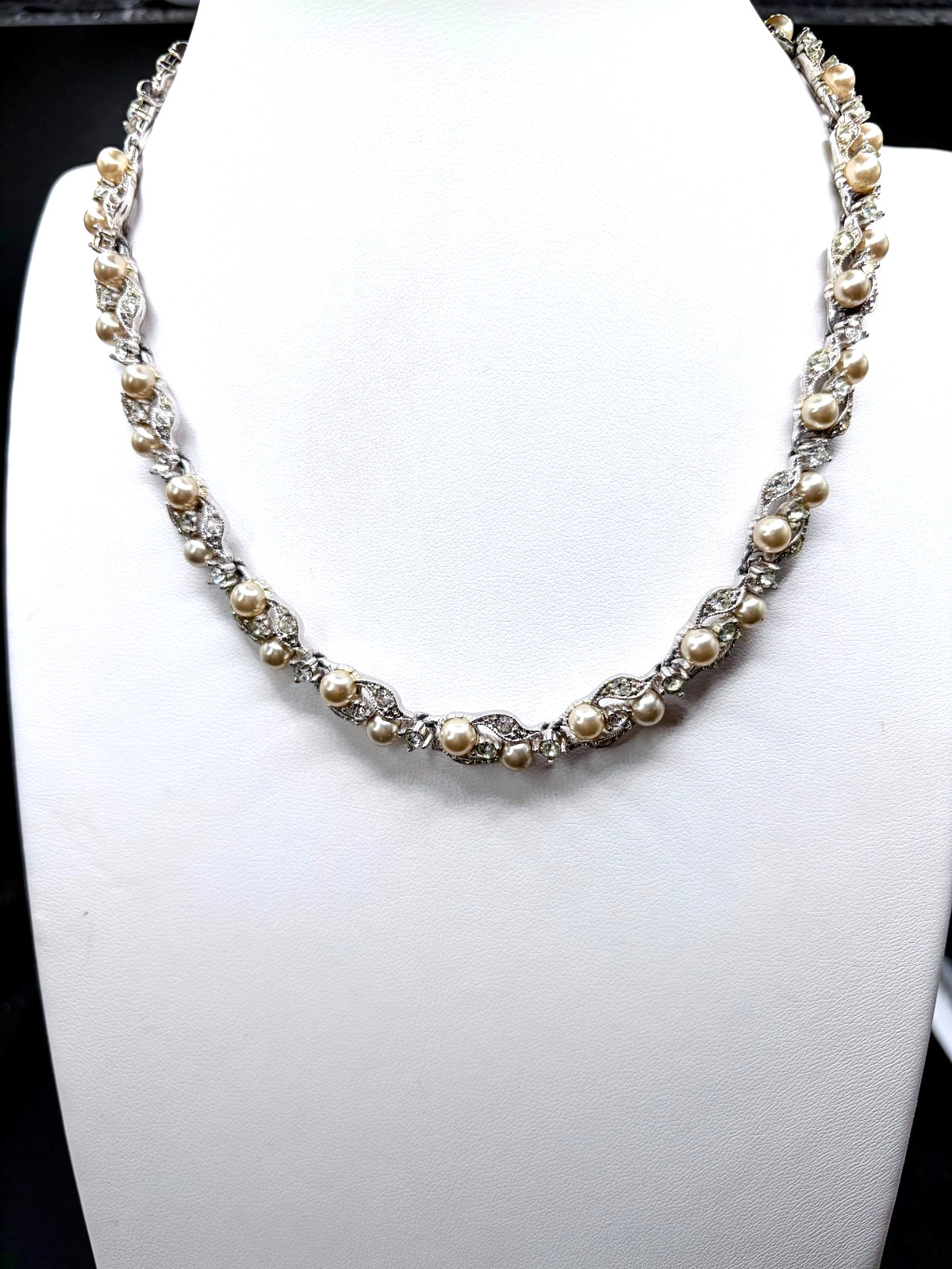 Vintage Bogoff Off White Pearl & Crystal Choker Necklace, Rhodium Plated, 1950s