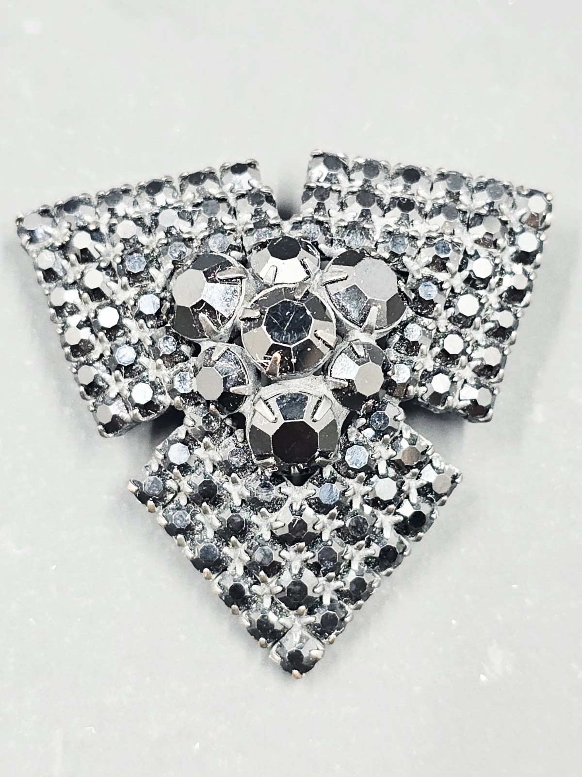 Vintage Black Rhinestone Geometric W/ Flower Gothic Brooch, 2″ X 2″