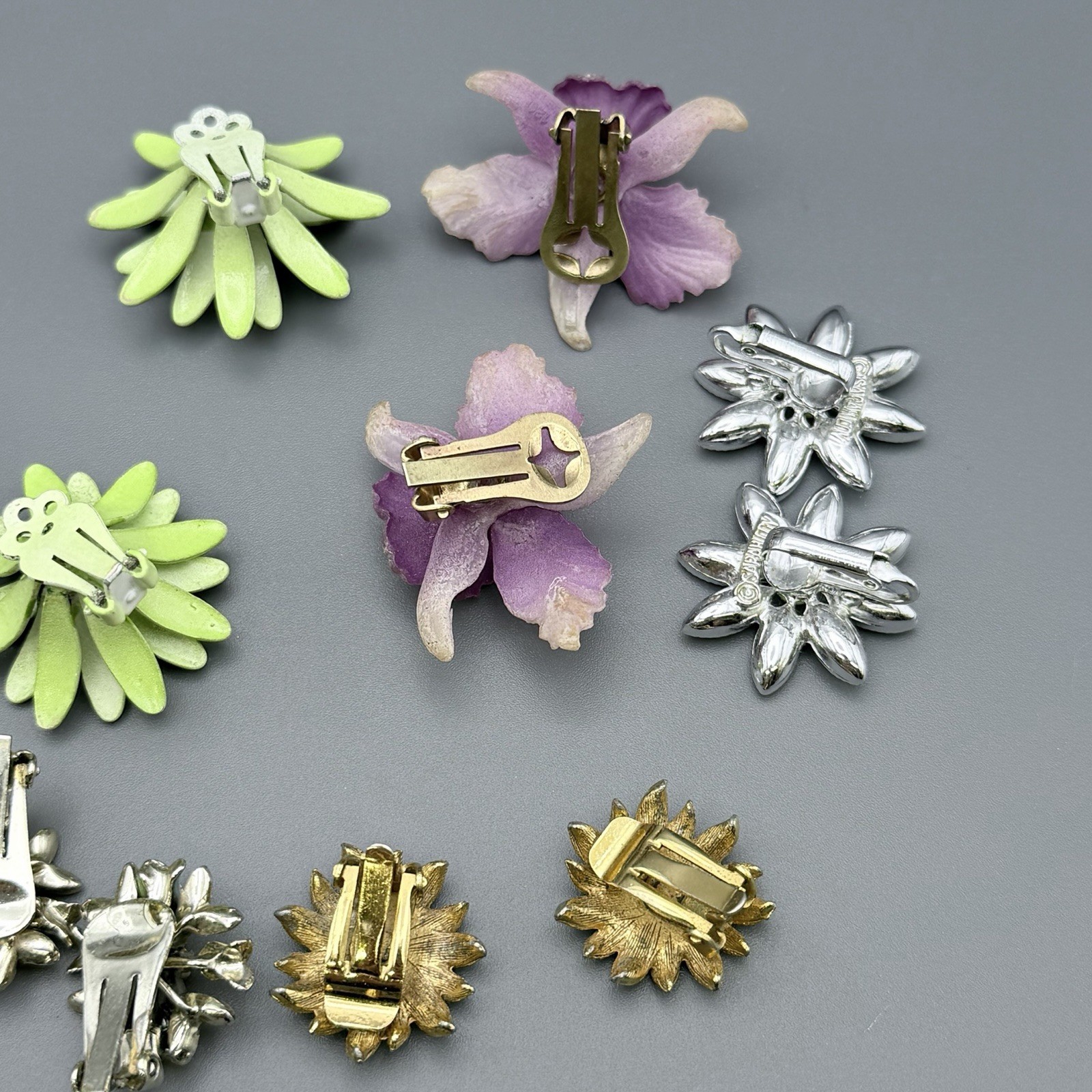 Vintage Flower Clip On Earrings Floral Lot Of 8 Orchid Pansies Tulip Multi Color
