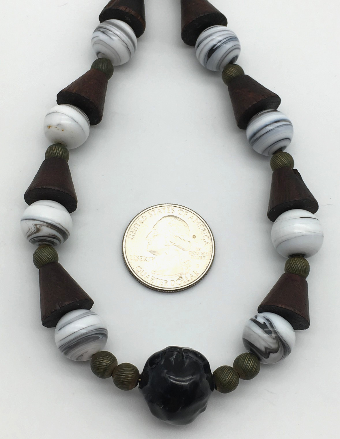 Miriam Haskell Signed Black Ceramic Cone Wood White Art Glass Beads 24″ Necklace