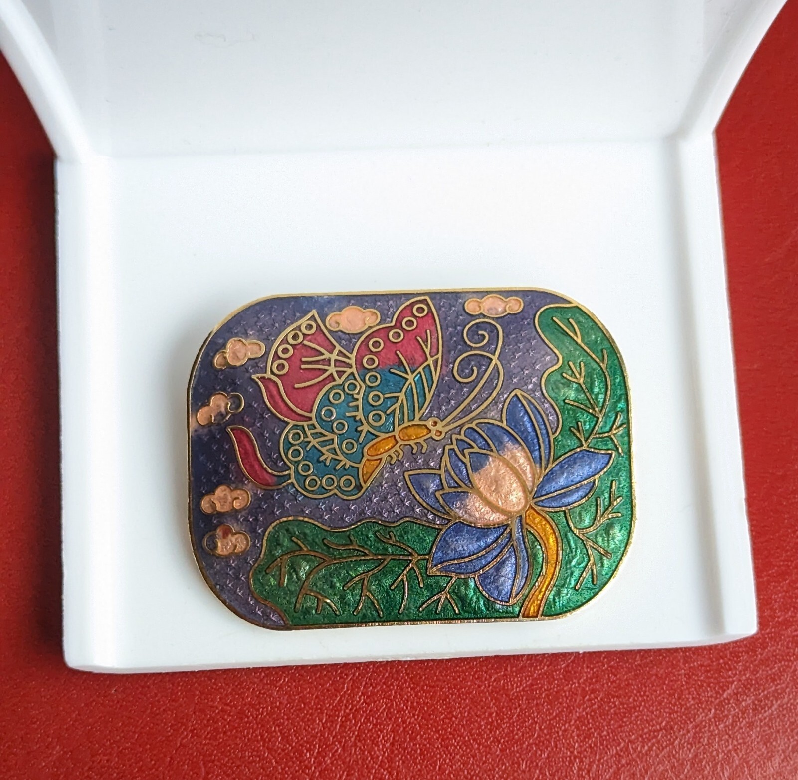 Vintage 2″ Blue Green Red Butterfly Flower Cloisonne Enamel Gold Tone Brooch Pin