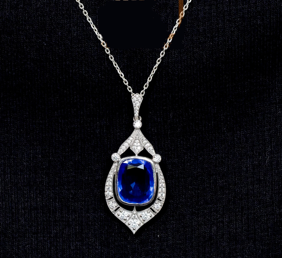 Art Deco 12.47Ct Rare Ceylon Lab-Created Sapphire Engagement 925 Silver Pendant