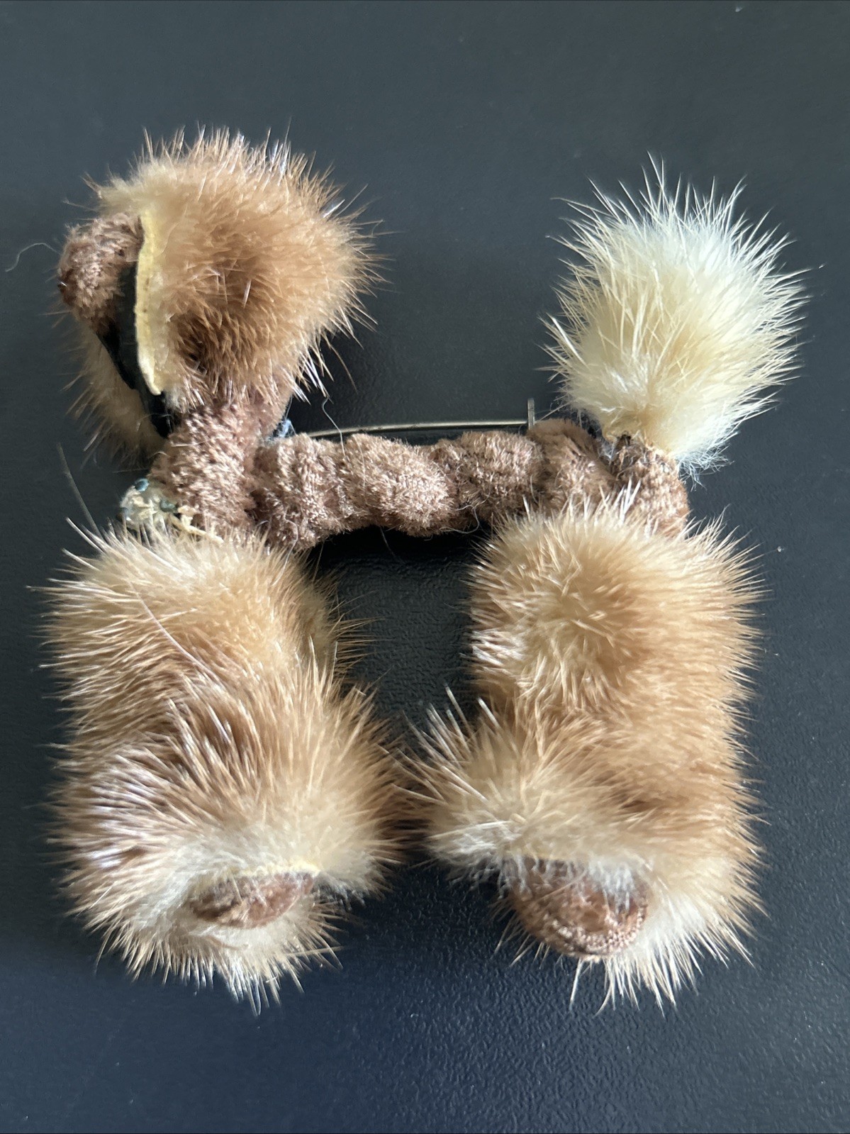 Vintage 1950’s Genuine Mink Poodle Pin Brown White Tail, Rhinestone Collar