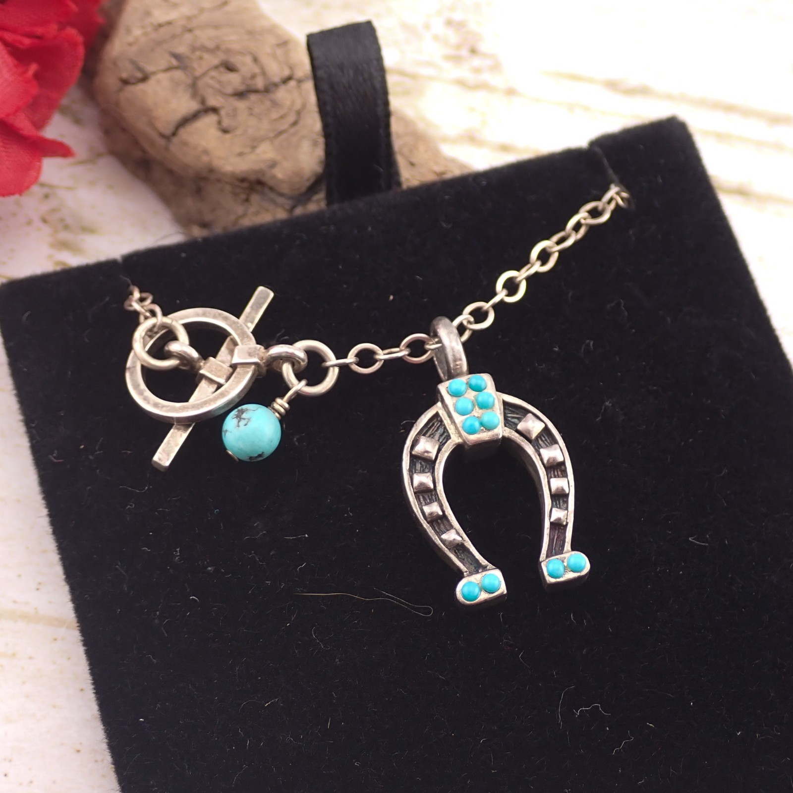 VTG Southwestern Sterling Silver Turquoise Horseshoe 16″ Toggle Necklace 7.9 gr
