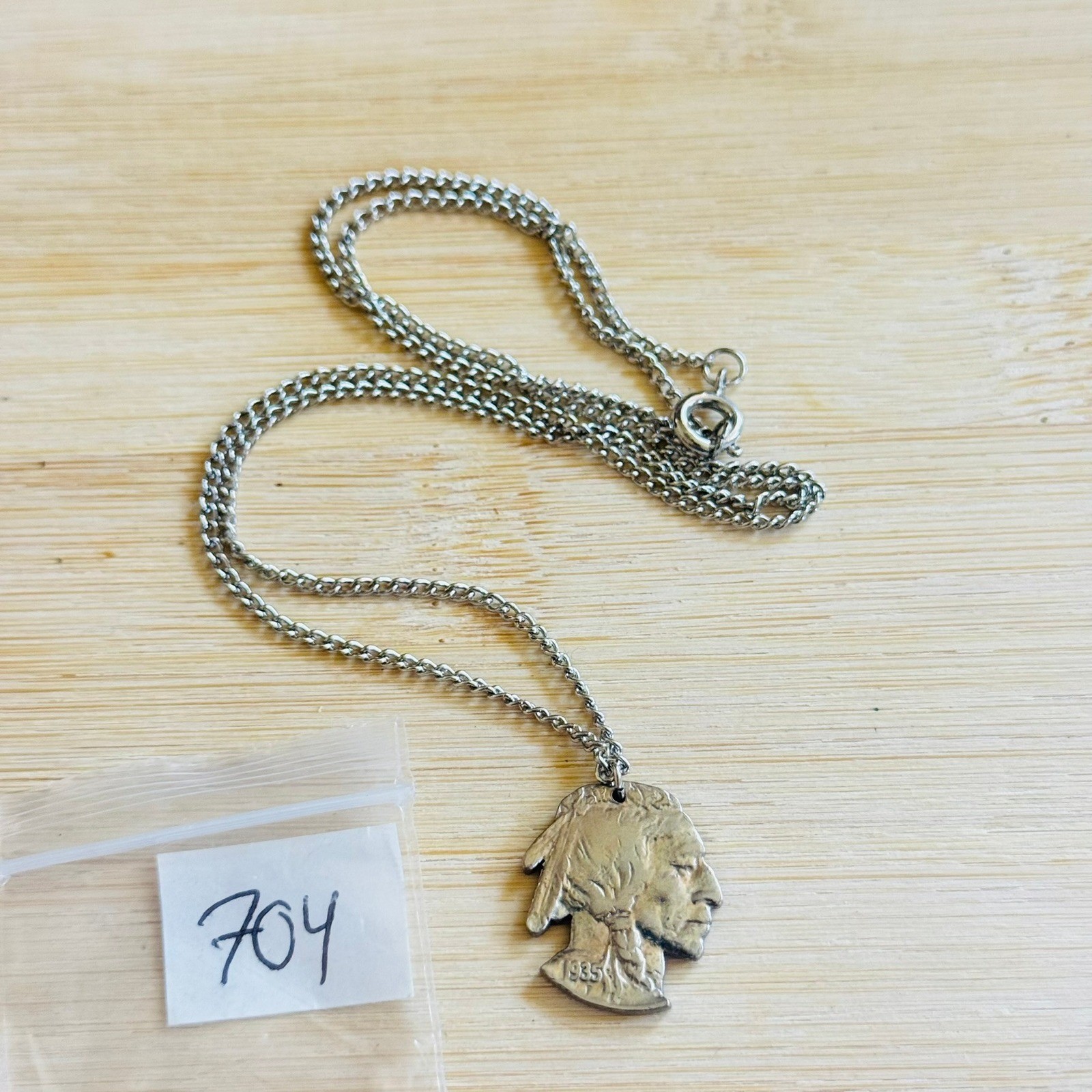VTG Indian Head Buffalo Nickel Coin Cutout necklace Silver Tone Retro 70s 19″