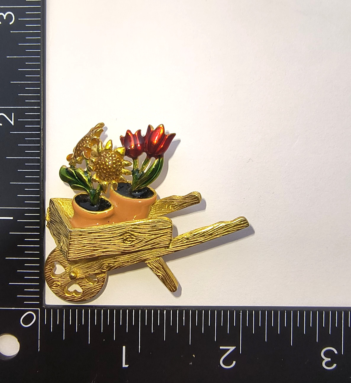 Vintage Gold Tone Wheelbarrow Flower Brooch Enamel Floral Garden Pin