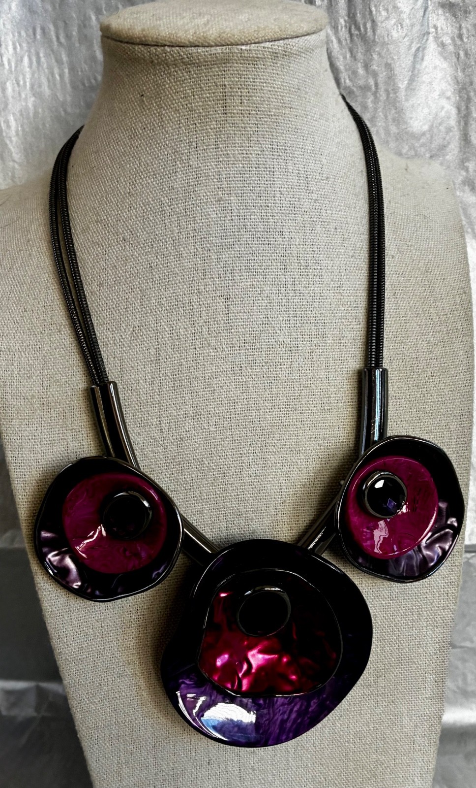 Vintage Statement Necklace Gunmetal Pink Purple Faceted Crystals Glass Acrylic