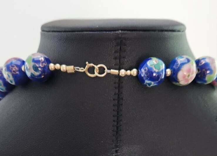 Vintage Japanese Cloisonne Bead Floral Necklace, Blue Pink and Green 22 Inches