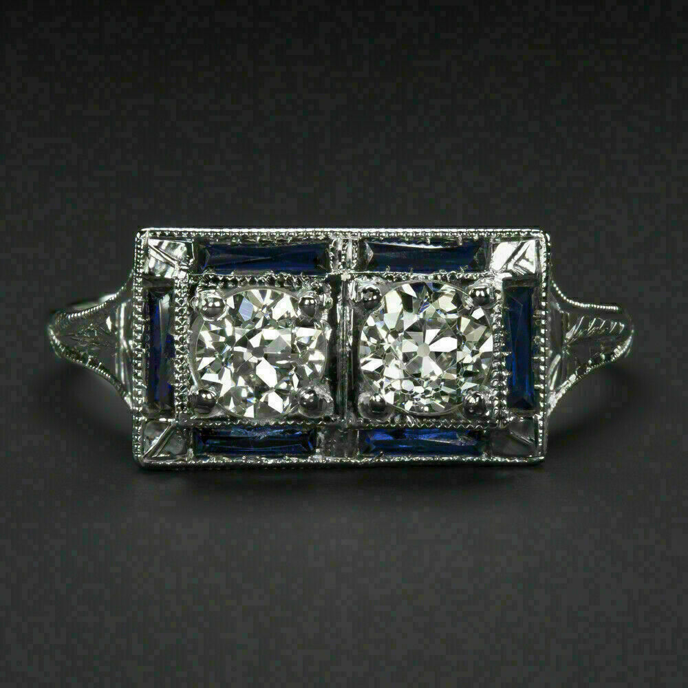 Two Stone 1/2Ctw White Round Cut CZ Antique Art Deco Wedding Ring In 925 Silver