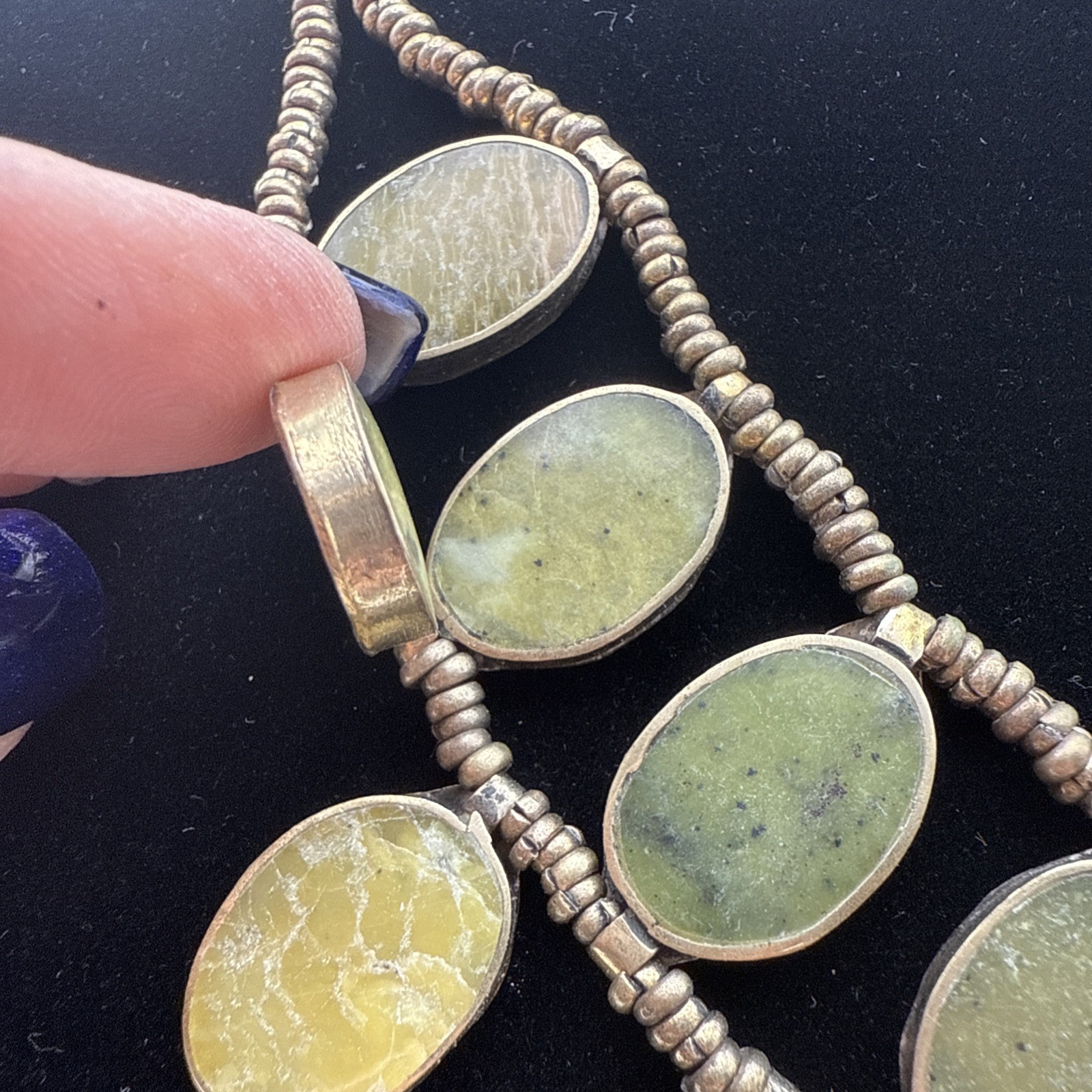 Vintage Goldtone Afghan Beaded Necklace W/ 15 Natural Oval Stone