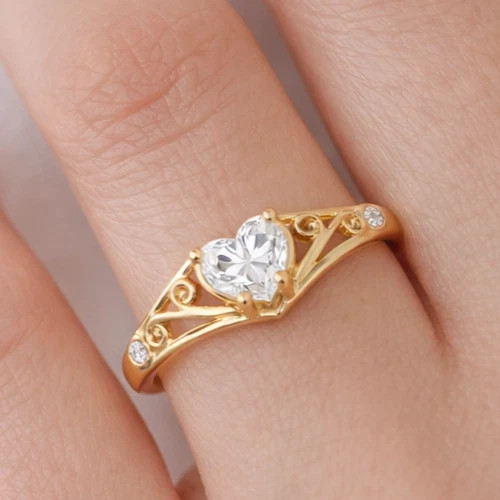 0.78TCW Heart & Round Cut White Moissanite New Pattern Ring In 10K Yellow GoldFN