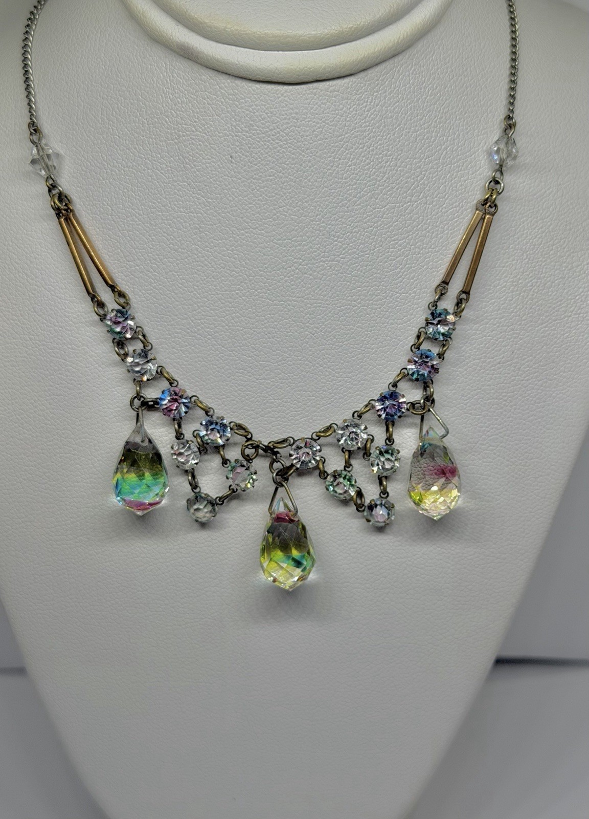Art Deco Rainbow Iris Arc Crystal & 3 Briolettes Festoon Pendant Necklace 18”