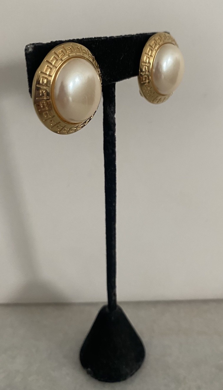 Vintage Classic Logo Givenchy Gold Pearl Cabochon Clip Earrings Paris New York