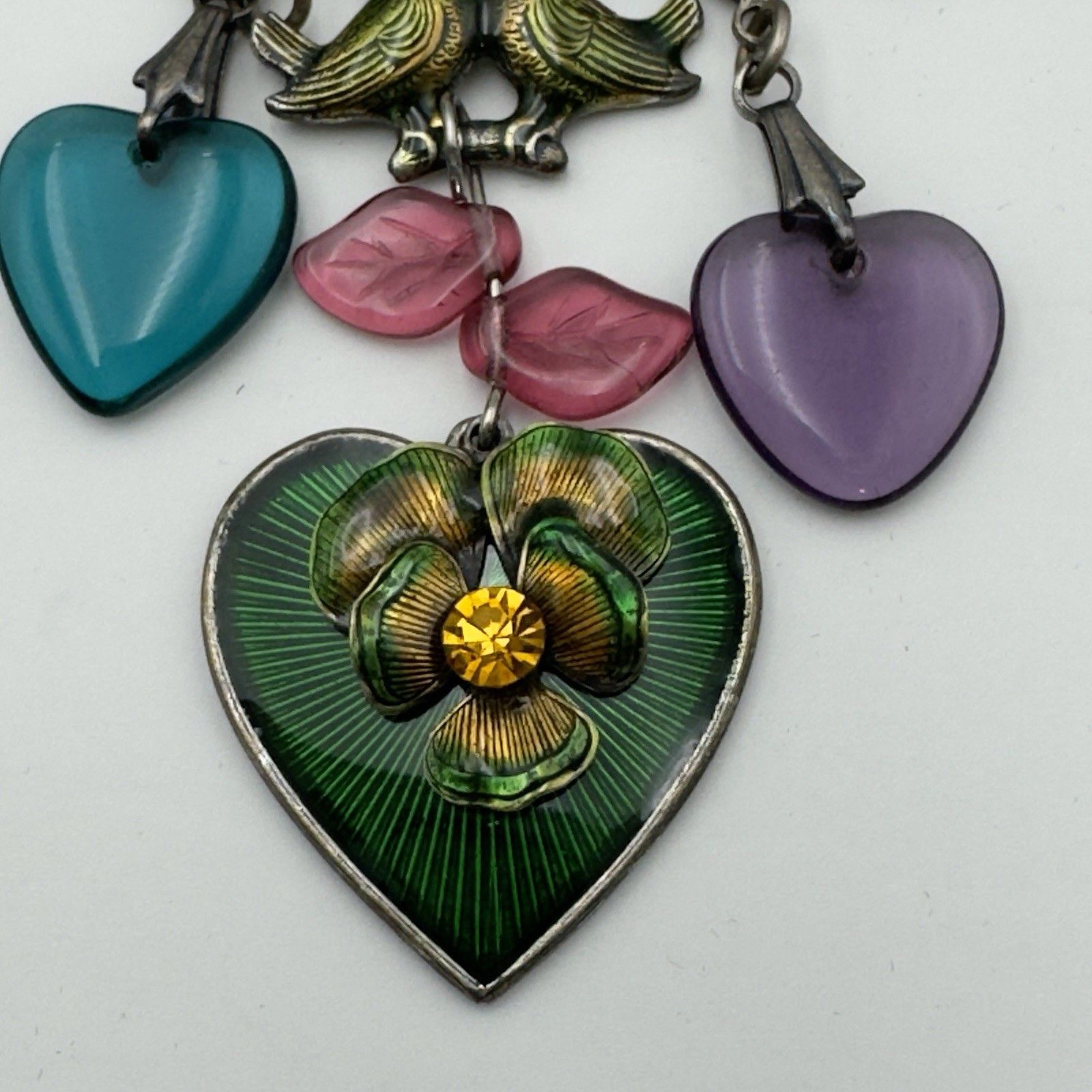 Glass Works Studio Dangling Victorian Charm Brooch Pin Heart Butterfly Birds Vtg