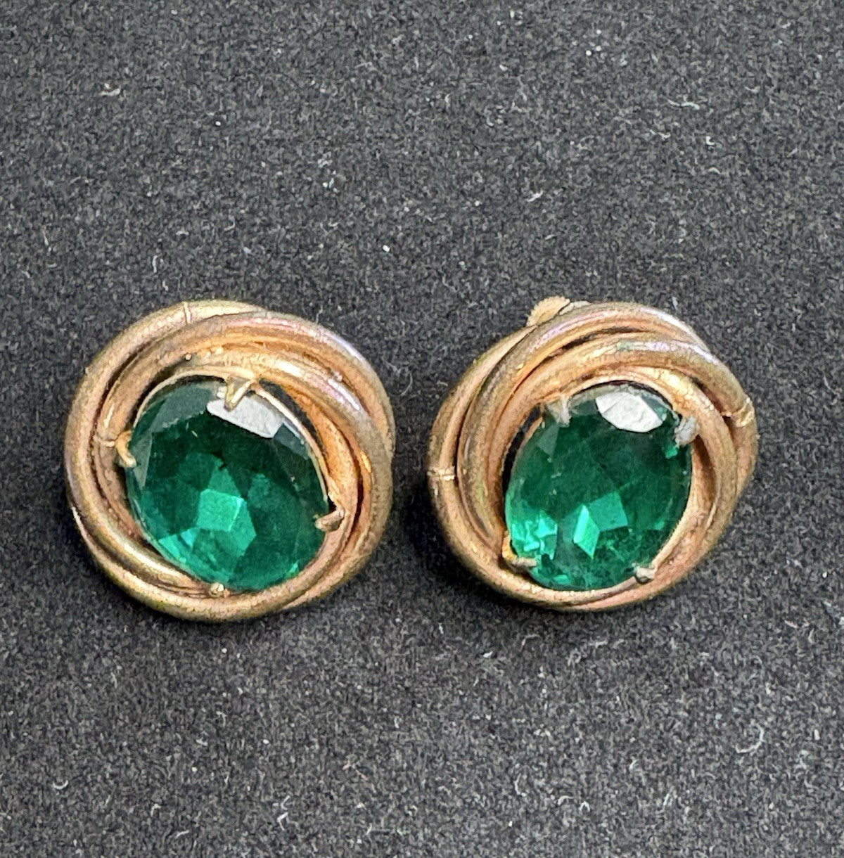 Vintage Green Rhinestone and Gold Tone Knot Screw Back Earrings ~ FREE Shipping