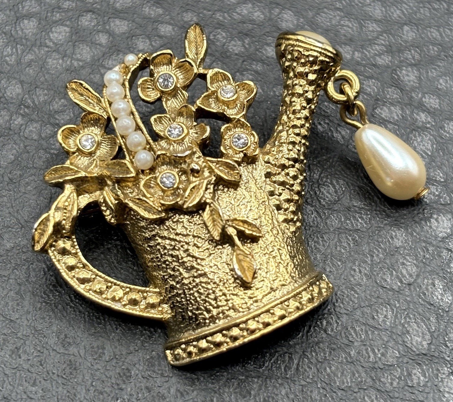 1928 Brand Gold Tone Faux Pearl Rhinestone Flower Watering Can Gardening Brooch