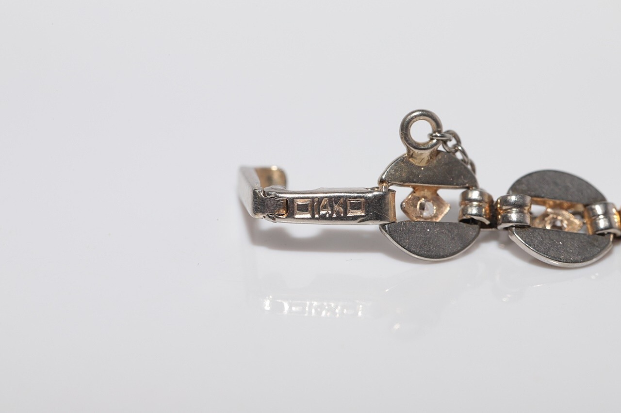Antique Circa 1920s Art Deco 14k Gold Natural Diamond Decorated Tennis Bracelet