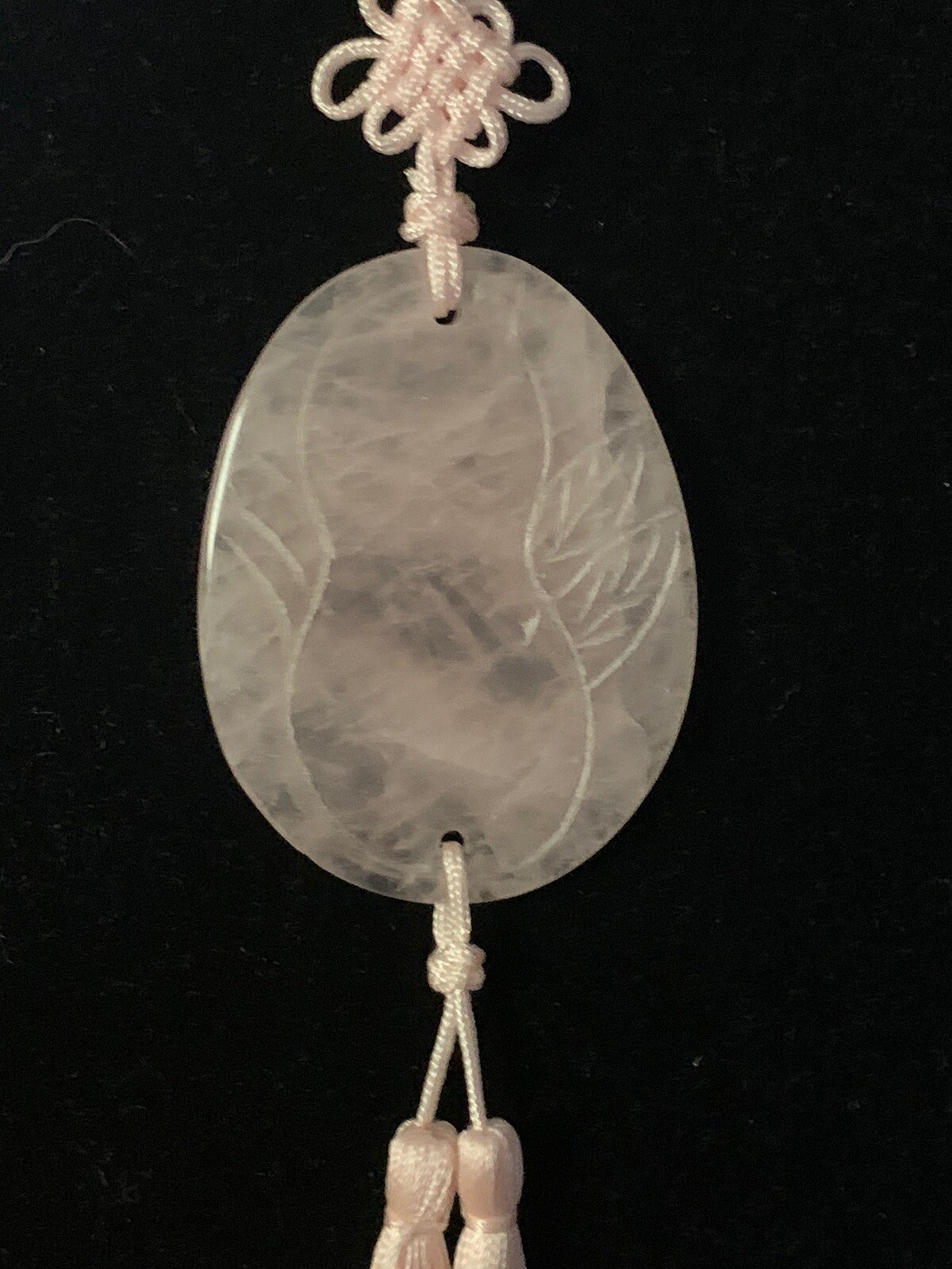 21″ VINTAGE CHINESE EXPORT CARVED PINK ROSE QUARTZ TASSEL PENDANT NECKLACE