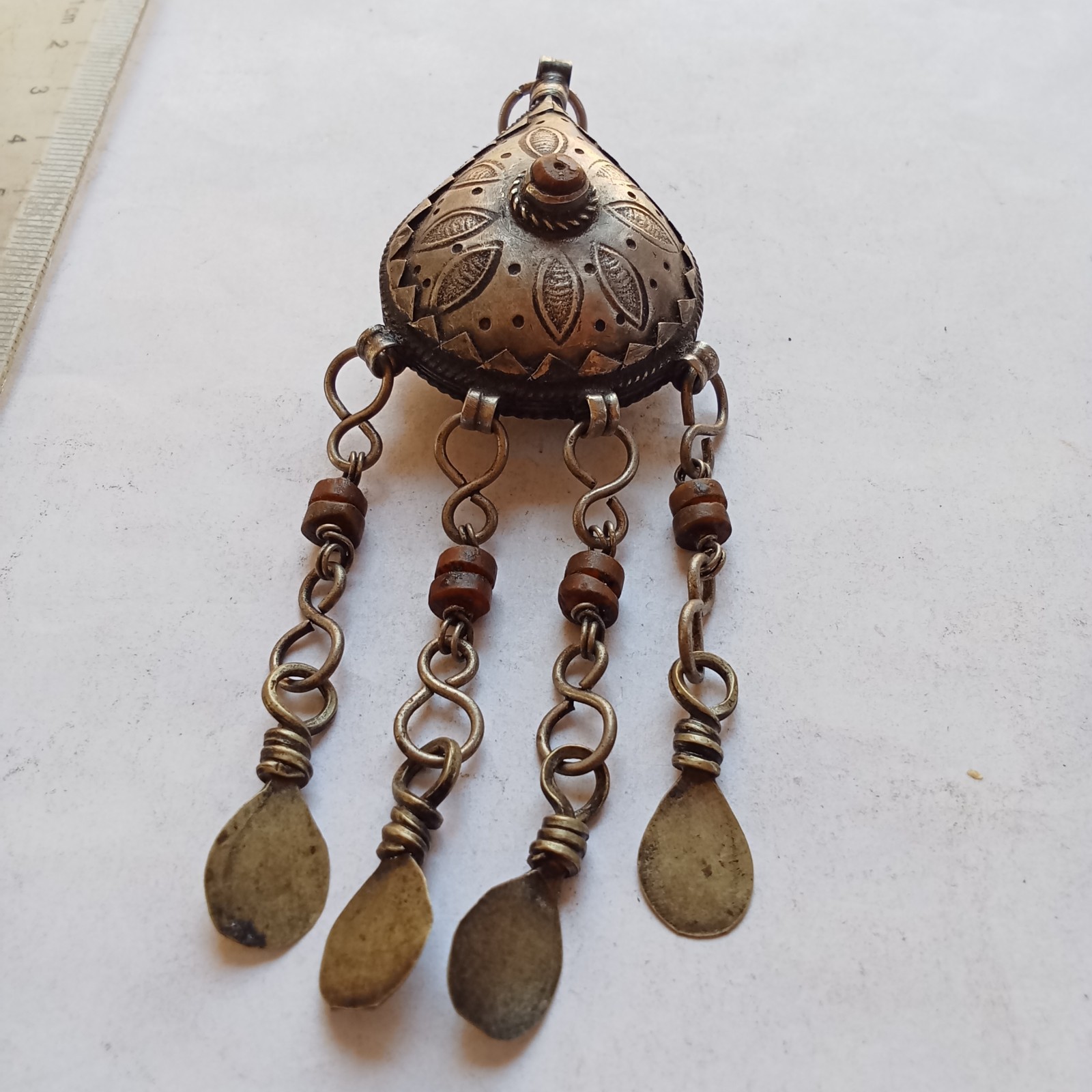 Antique Silver Tone Bedouin Prayer Box Necklace Dangle Bells
