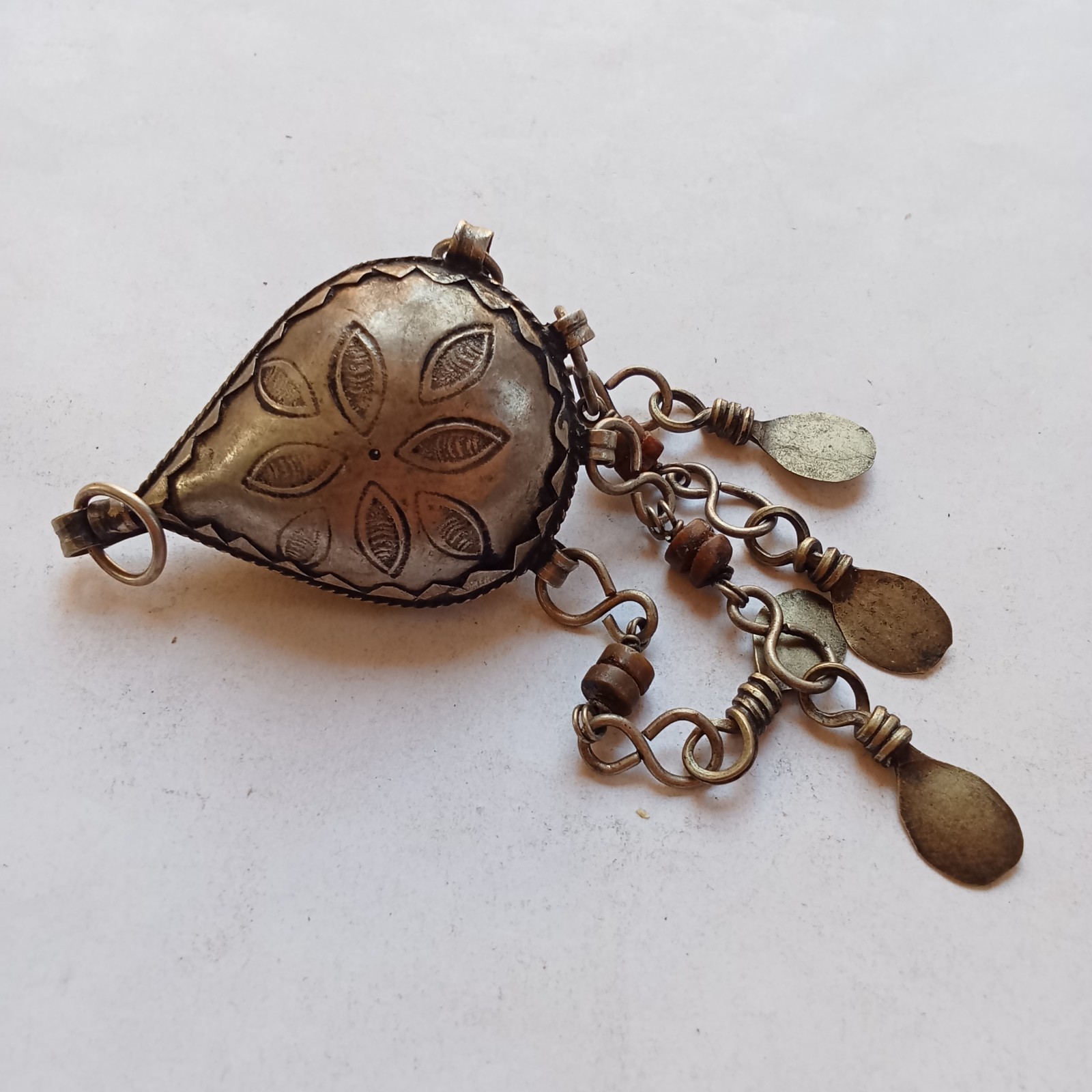 Antique Silver Tone Bedouin Prayer Box Necklace Dangle Bells