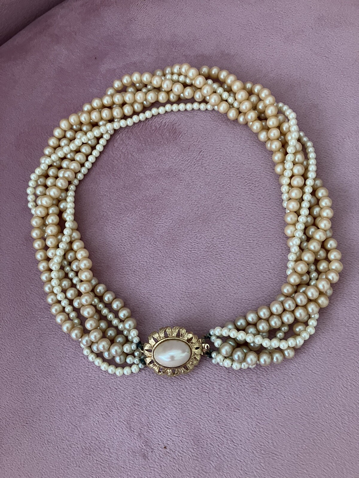 STUNNING! Vintage Signed Gay Boyer 6 Multi Strand Faux Pearl Necklace 16”