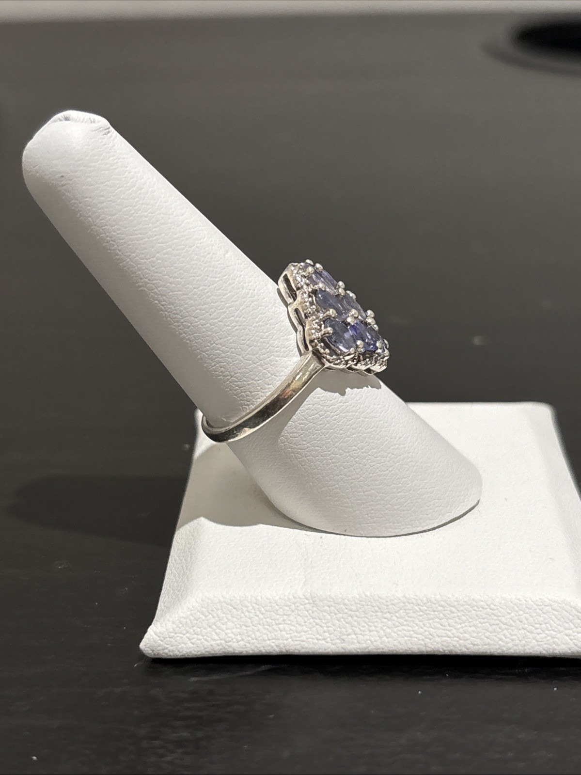Sterling Silver 925 Blue Violet Tanzanite Style Cluster Diamond Ring Size 8 TGGC