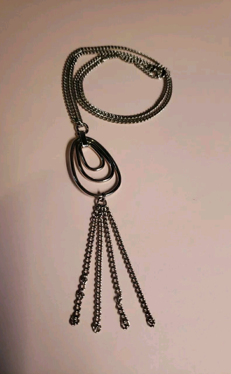 Long Multi Chain Tassel Silvertone Oval Pendant Necklace, Lobster Claw Clasp 25″
