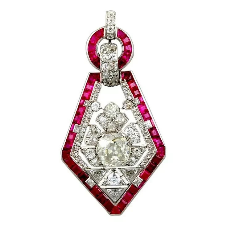 Art Deco Lab Created Ruby Diamond Bridal Wedding Pendent 14K White Gold Finish
