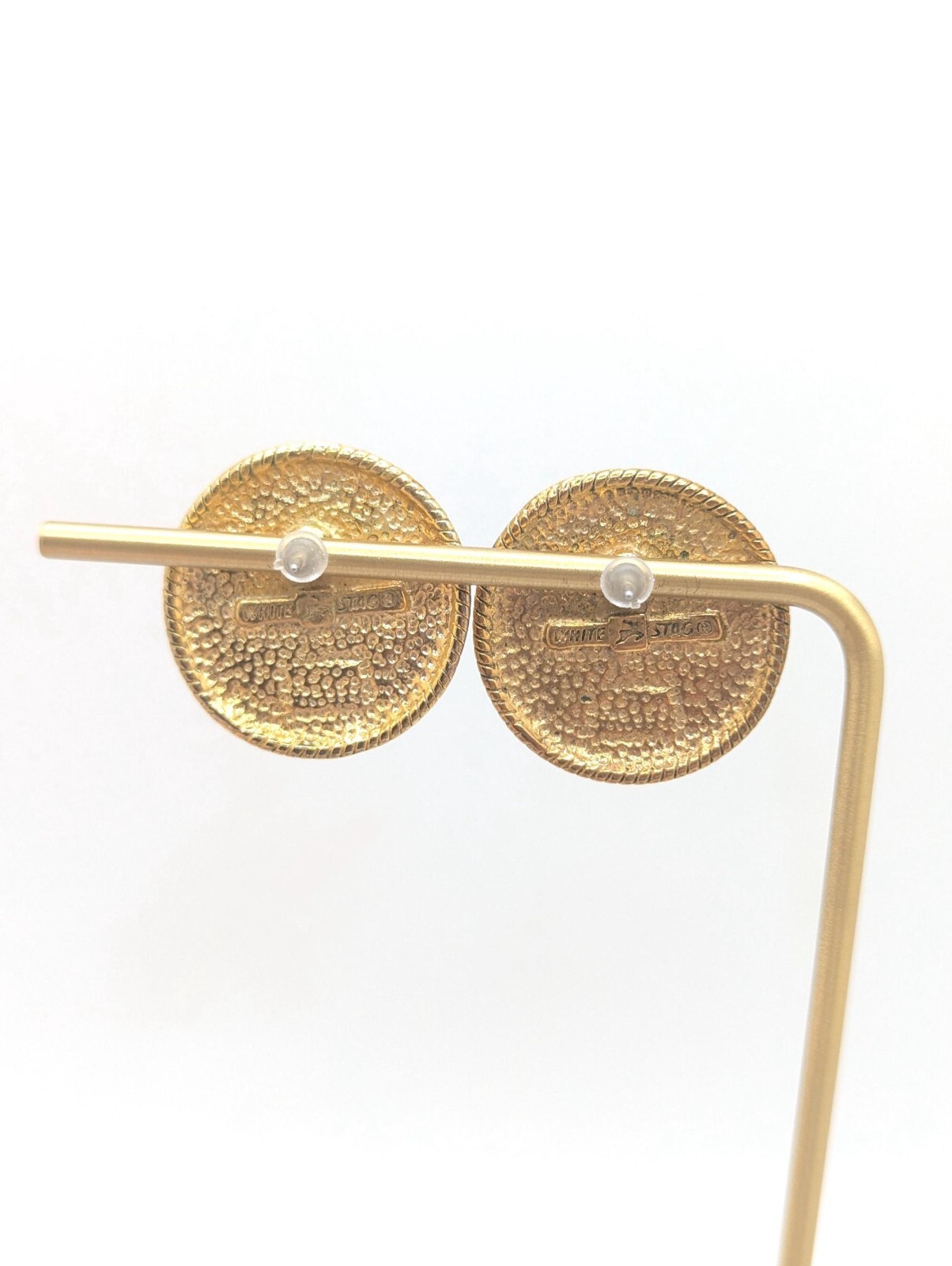 Vintage White Stag Faux Pearl Stud Earrings Large Gold Tone Present Gift Classy