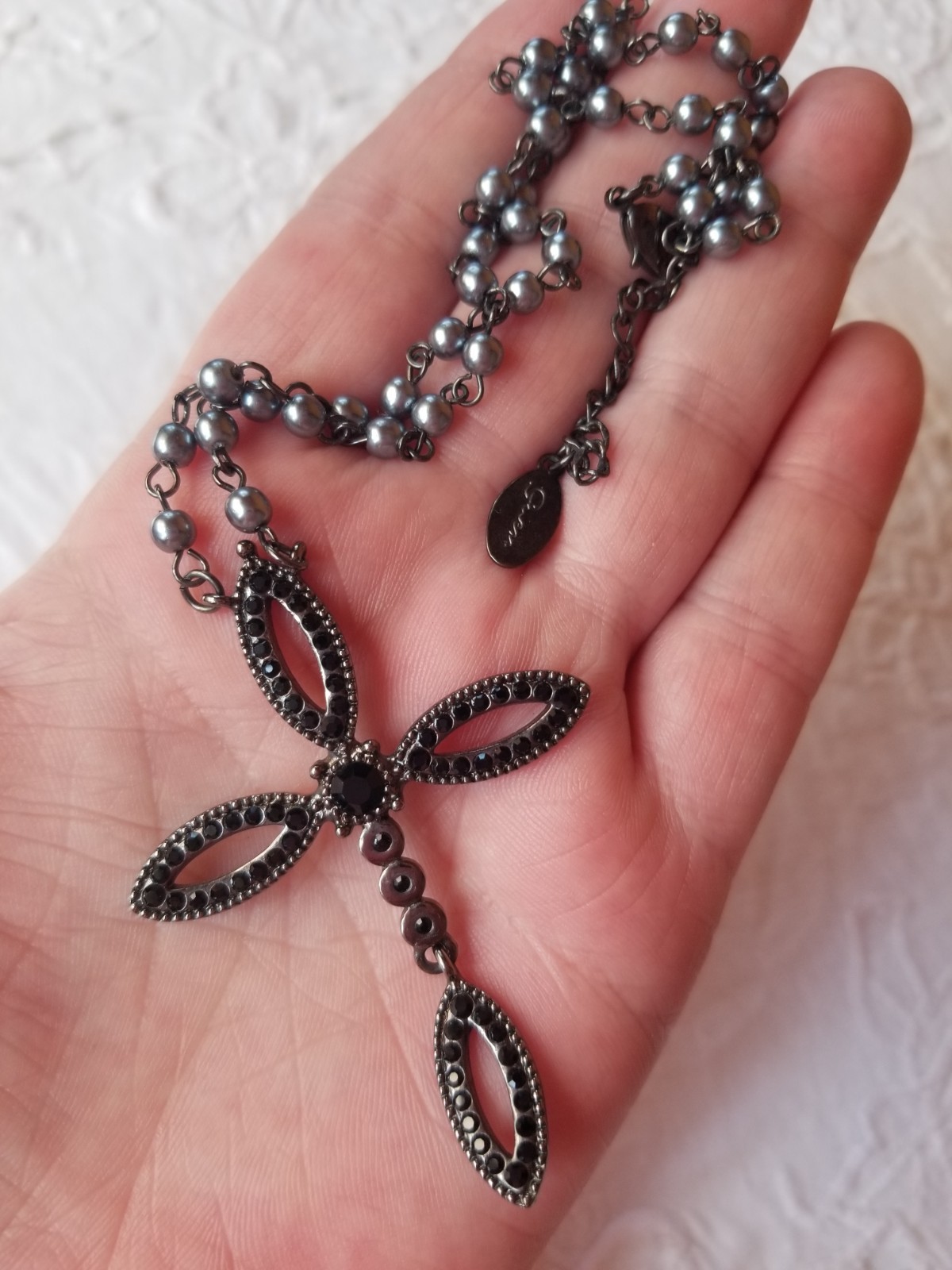 Vtg. Gwen Stefani Black Gothic Rhinestone Articulated Cross Faux Pearl Necklace
