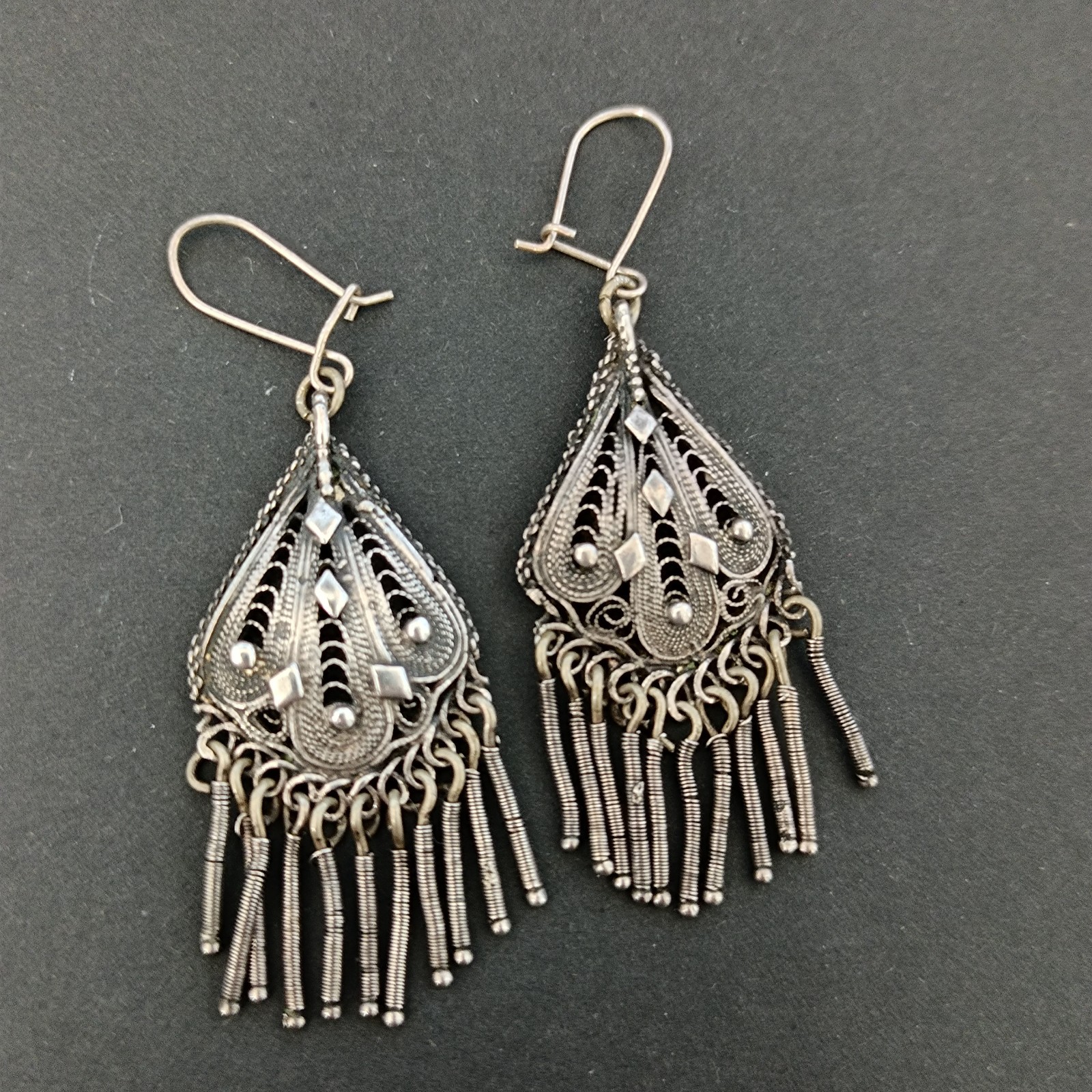 VTG Stanetzky Earrings Israel Sterling Silver Filigree Yemenite Chandelier Boho