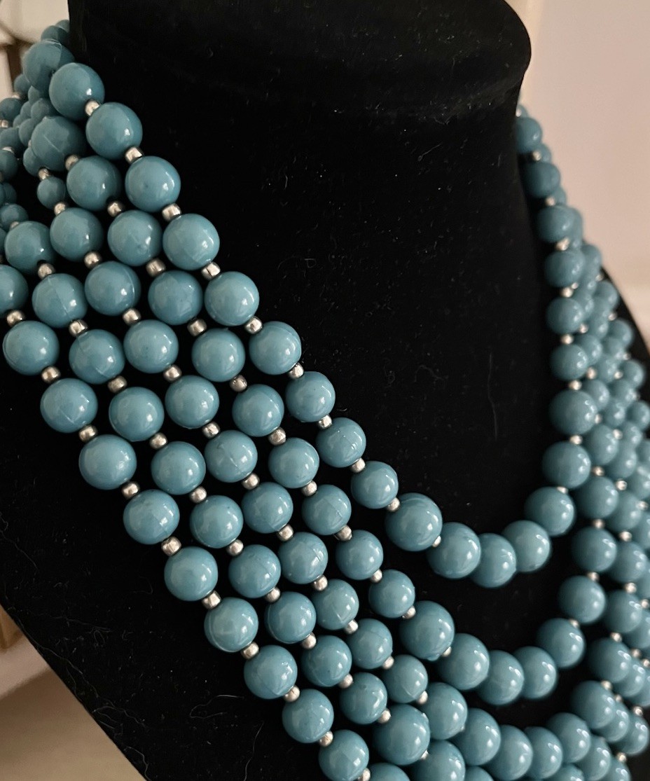 Vintage Turquoise Teal Blue Multi 5 Layered Beaded Silver Graduated Bib Necklace