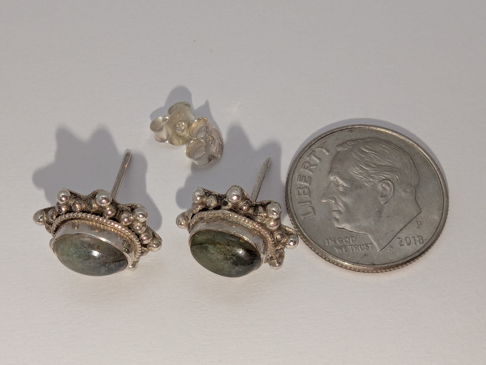 925 STERLING SILVER With LABRADORITE STONE POST / STUD EARRINGS. 17.5mm Long