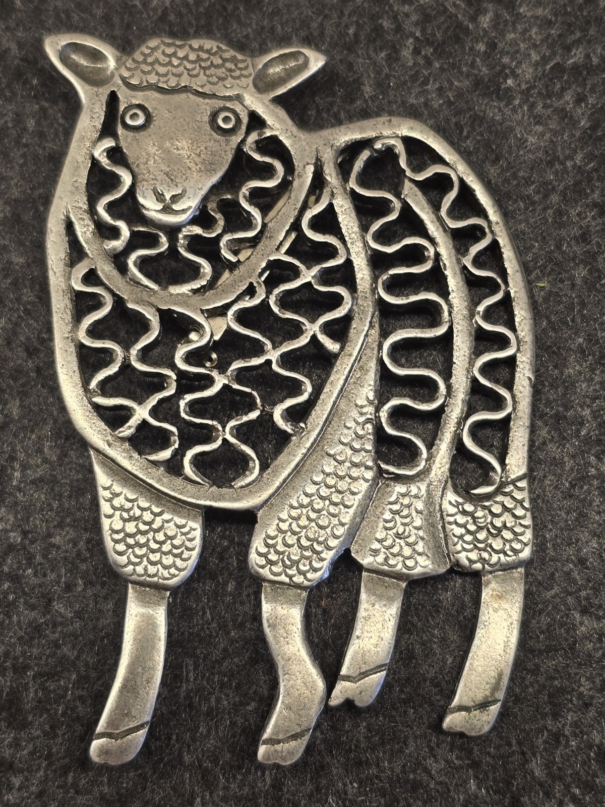 Vintage Pewter Toned Artisan Style Curly Wool Sheep Large Brooch