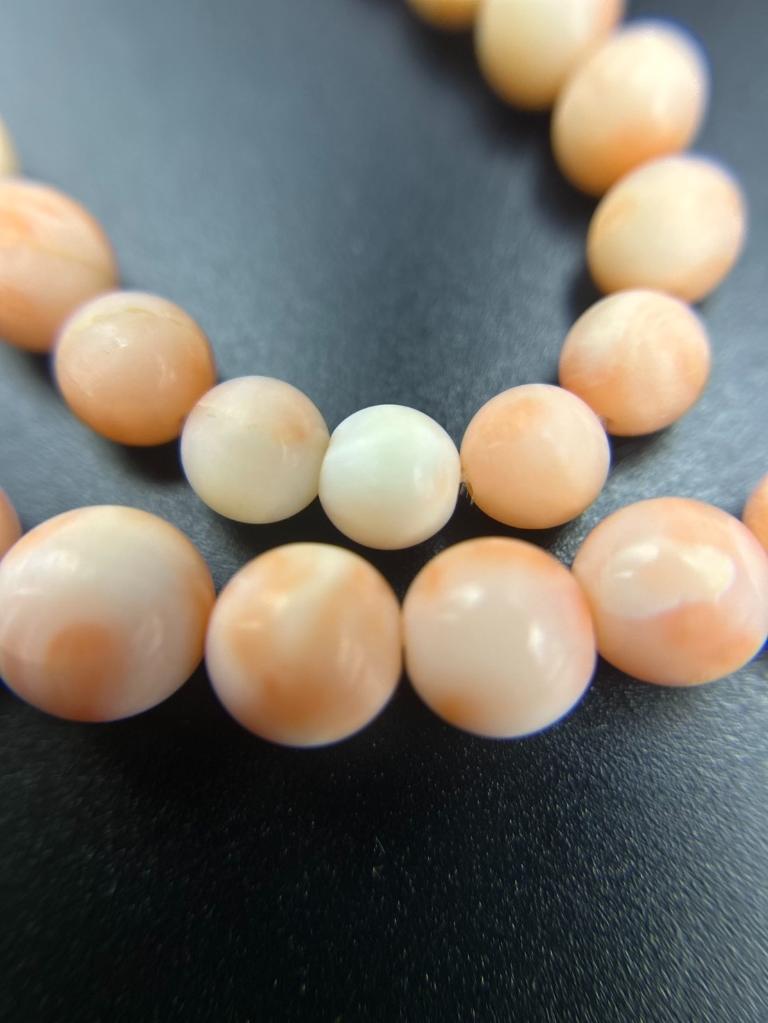Japanese Pink Coral Bead Necklace Angel Skin Coral Graduated 10.6mm Silver Clasp