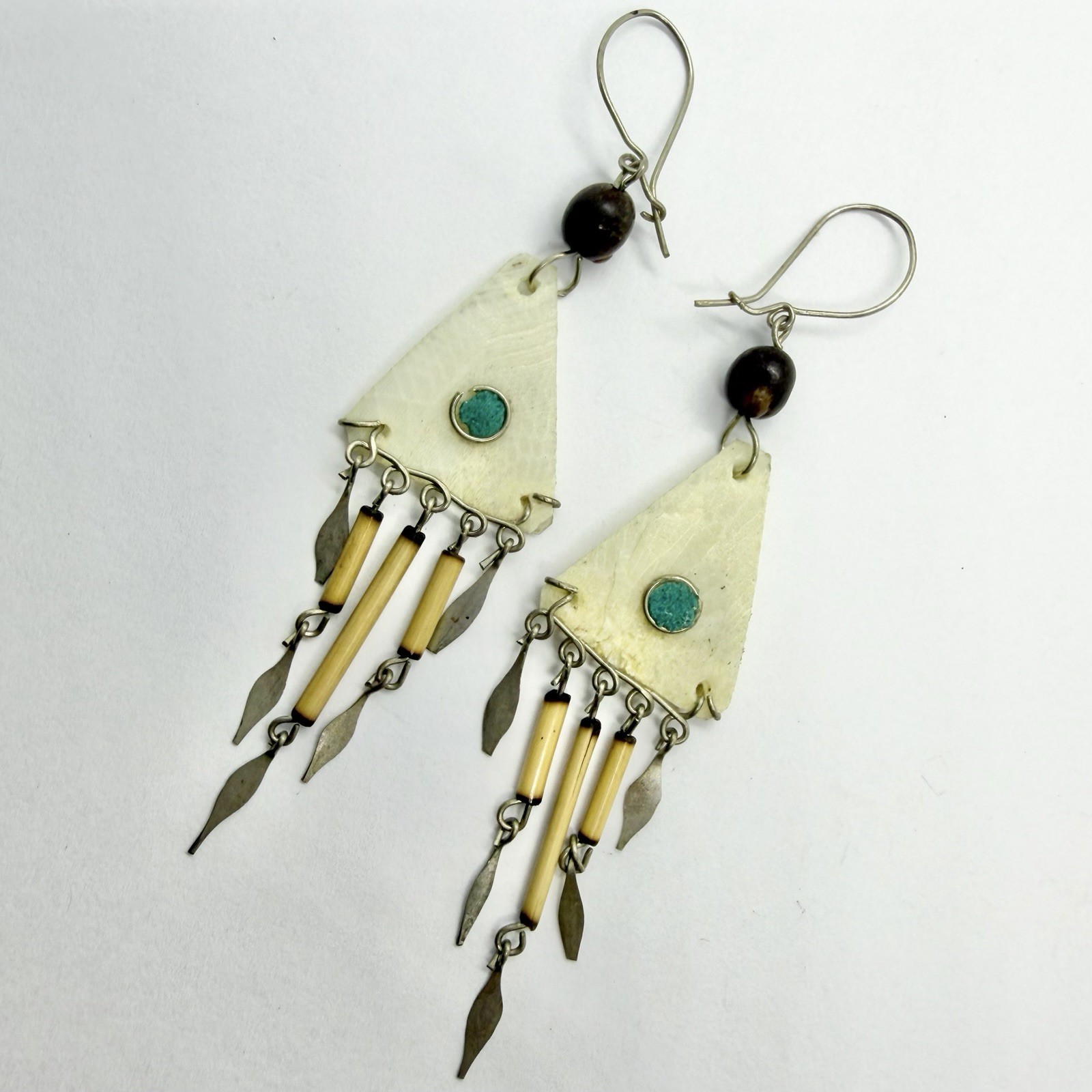 Vtg Tribal Scale Bamboo Chandelier Dangle Earrings Hook Ethnic Nature