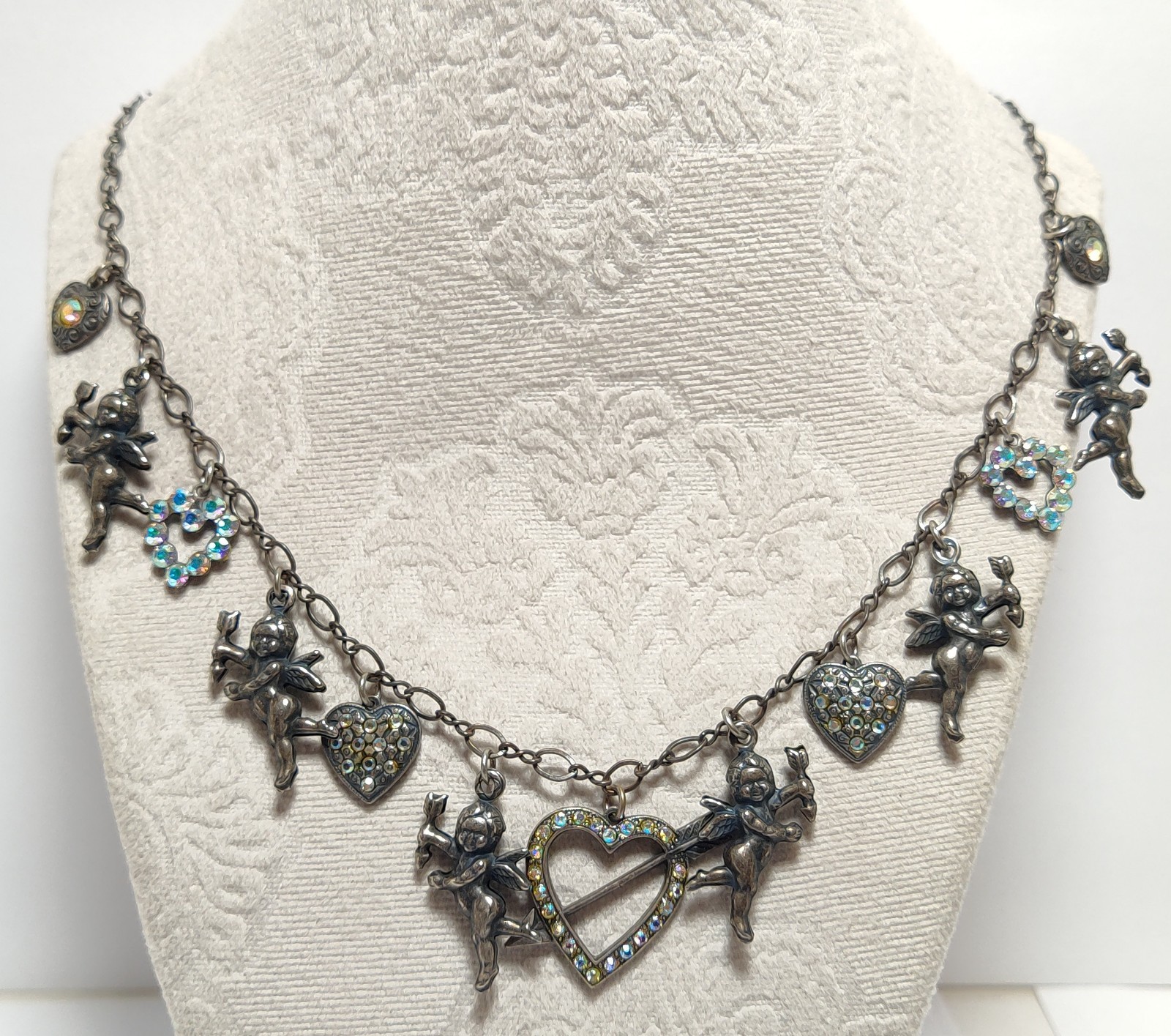 Lovely Vtg signed TOP SHELF JEWELRY AB Rhinestone Angel Design Silver Necklace